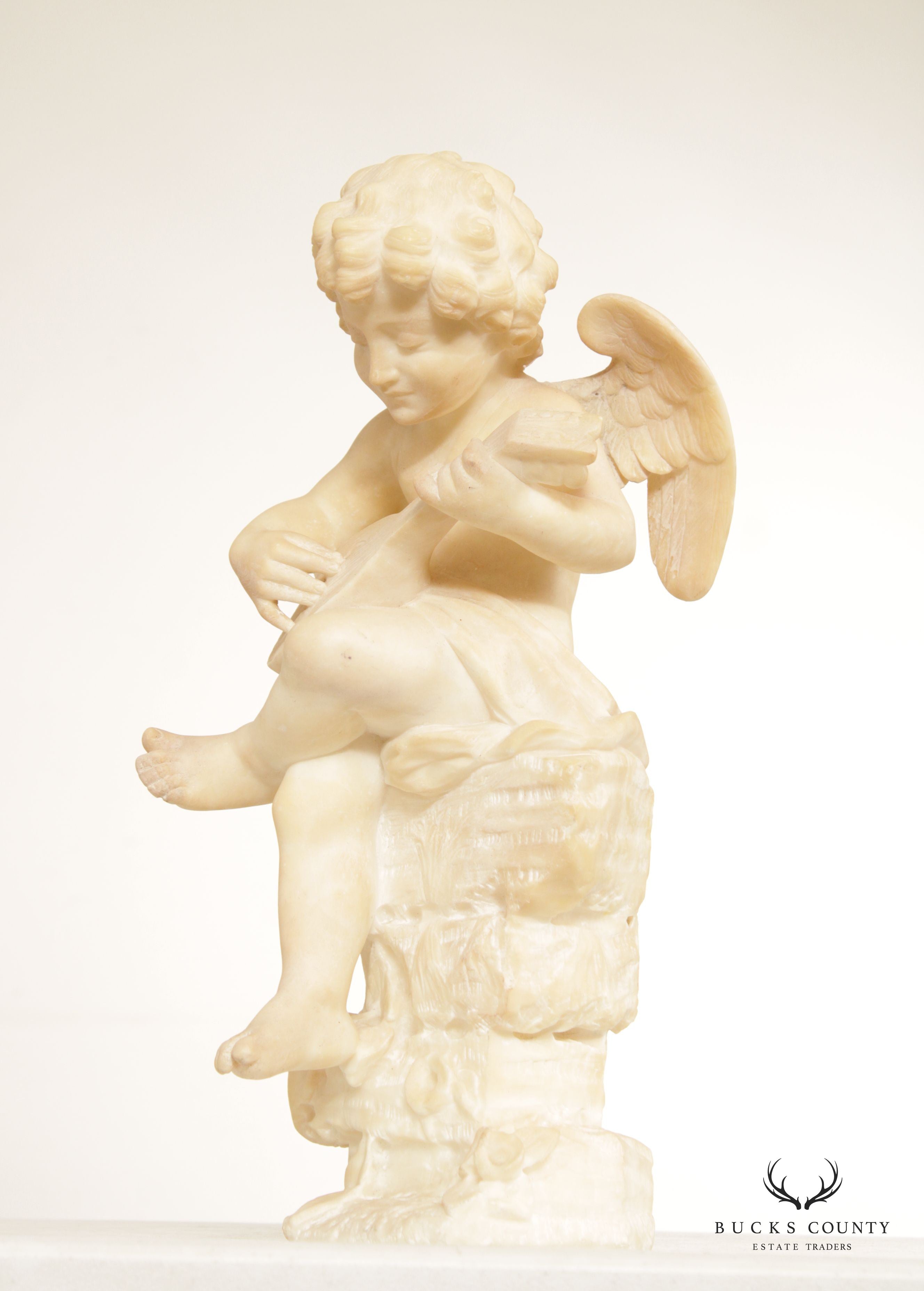 Antique Renaissance Revival Alabaster Carved Cherub Statue