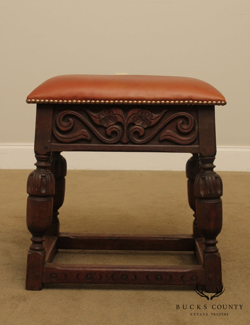 Kittinger 1920's Jocobean Style Carved Walnut Leather Seat Stool