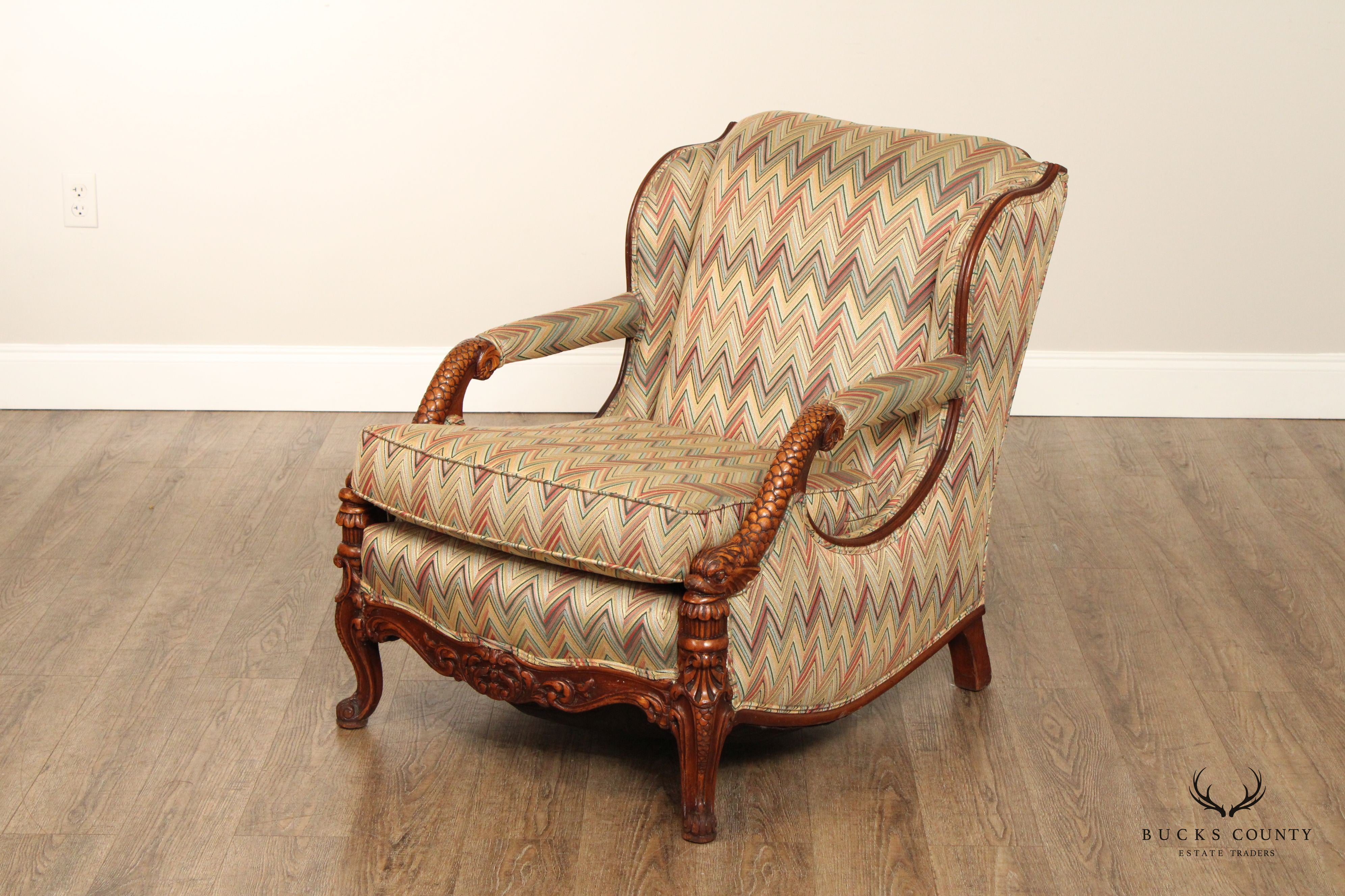 1930'S FRENCH REGENCY STYLE CARVED MAHOGANY LOUNGE CHAIR