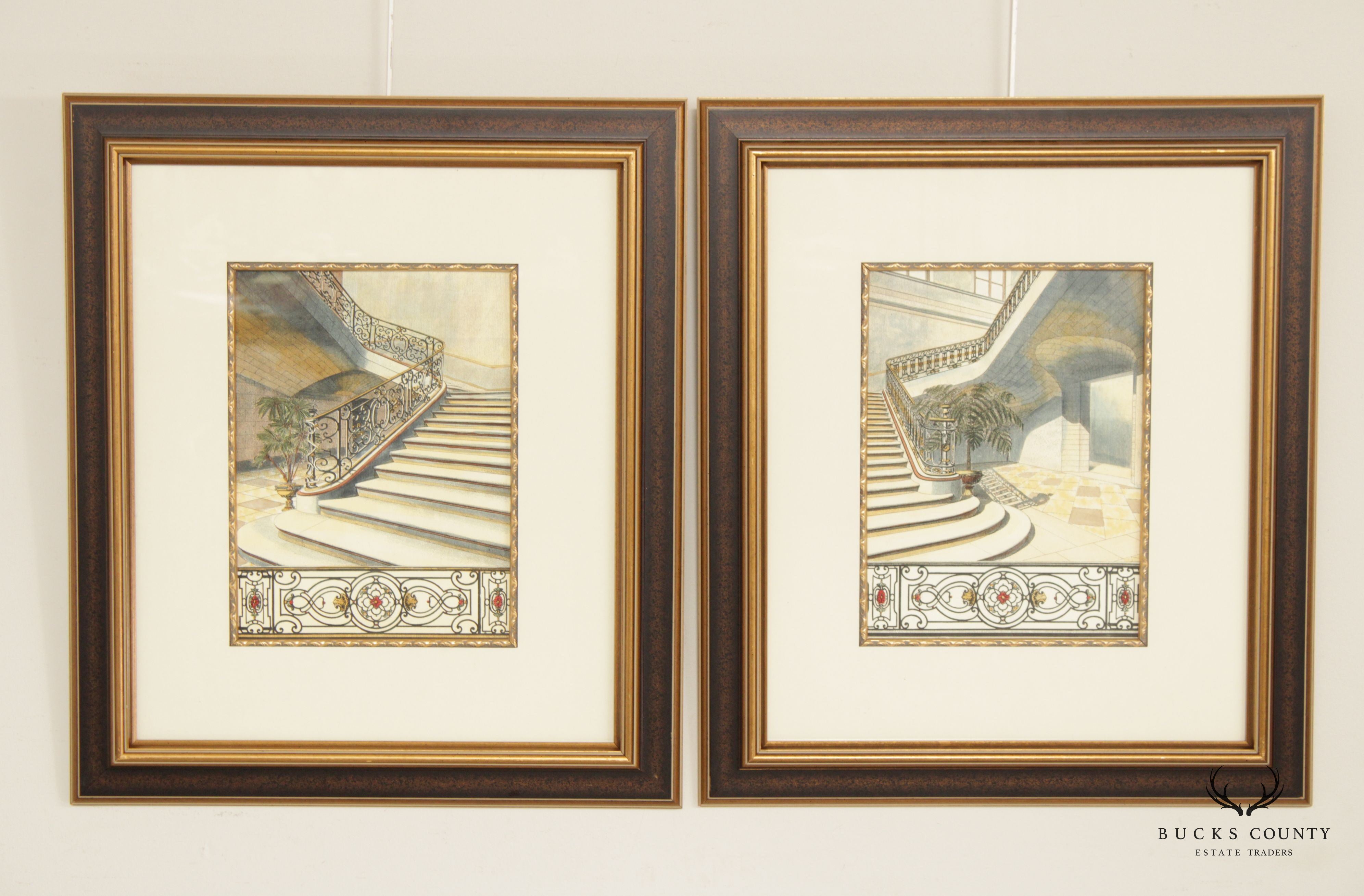 Art Nouveau Style Pair Architectural Staircase Prints, Custom Framed