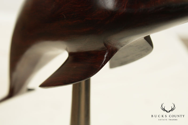 Mid Century Modern Carved Rosewood Dolphin Sculpture on Chrome Base