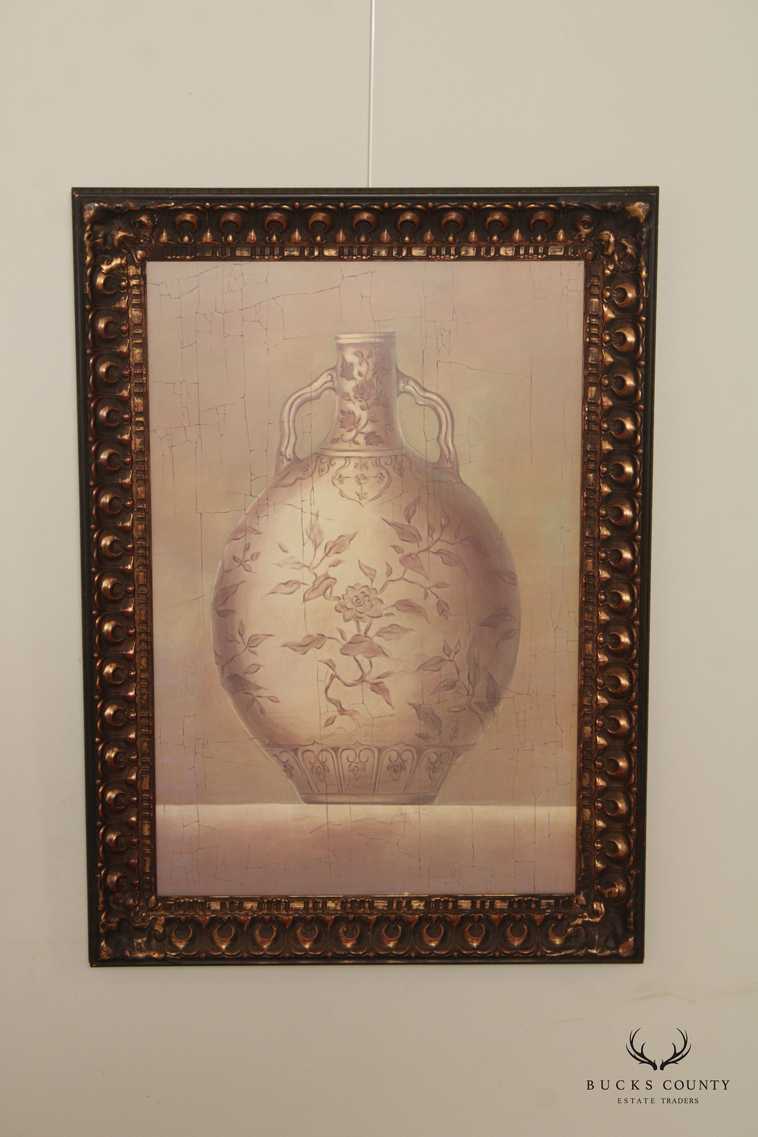 Vintage Pair of Antiqued Urn Vase Art Prints, Custom Framed