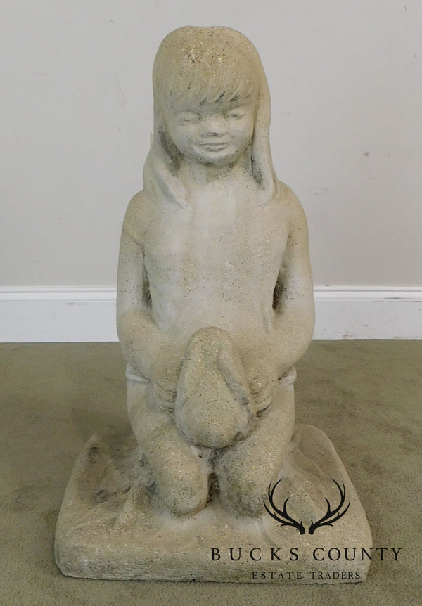 Vintage Cast Stone Concrete Garden Statue of Girl Holding Bunny