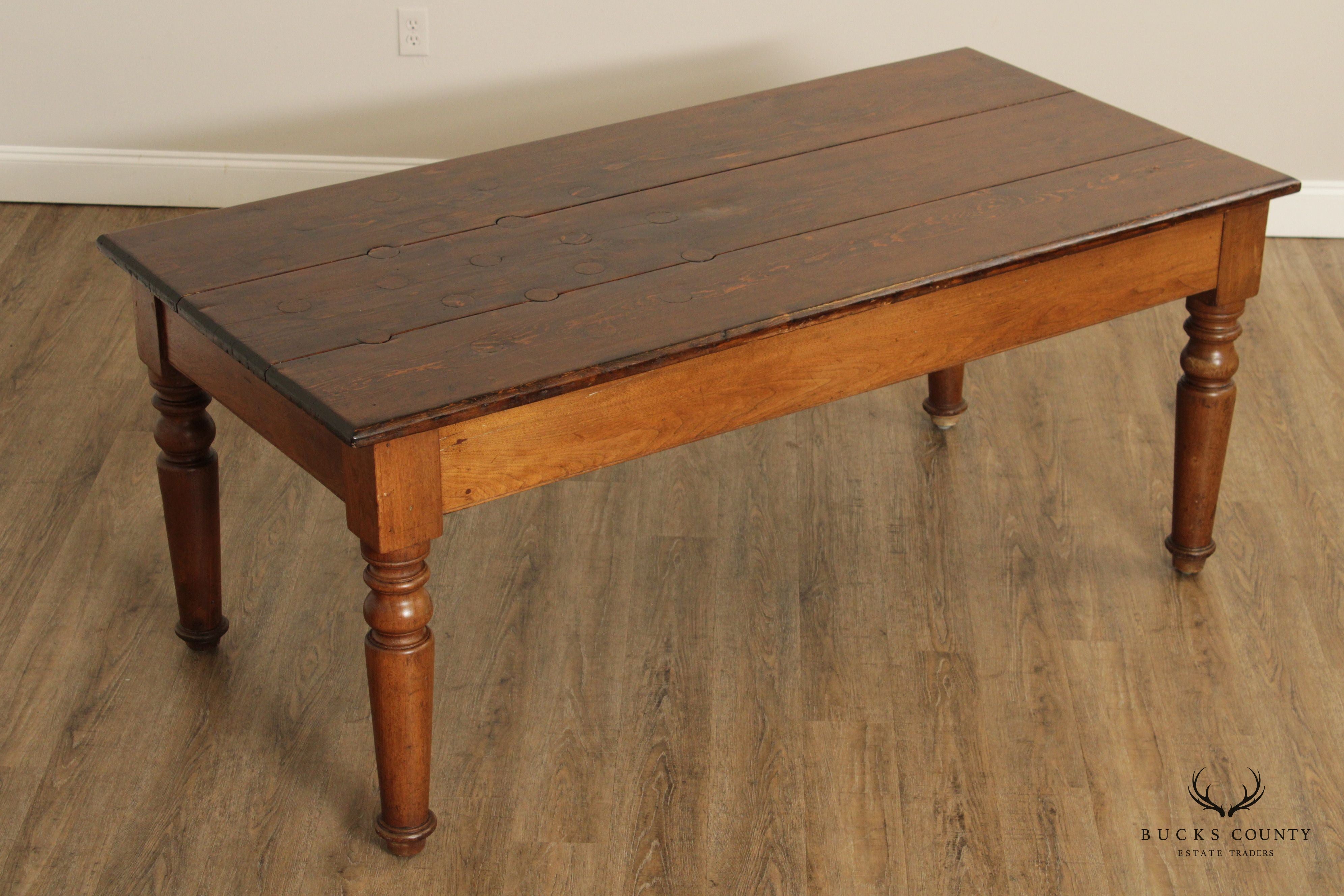 Antique 19th Century Rustic French Farmhouse Pine And Walnut Table