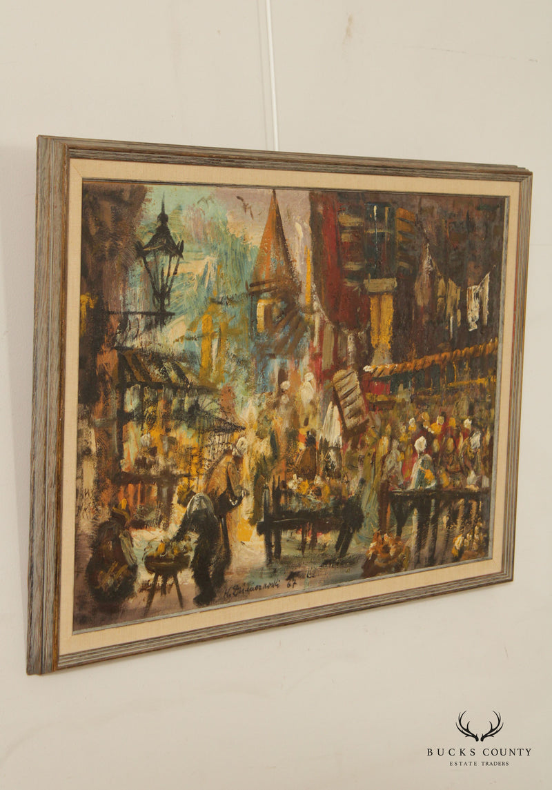 Mid 20th C. European Market Scene Original Painting, Signed
