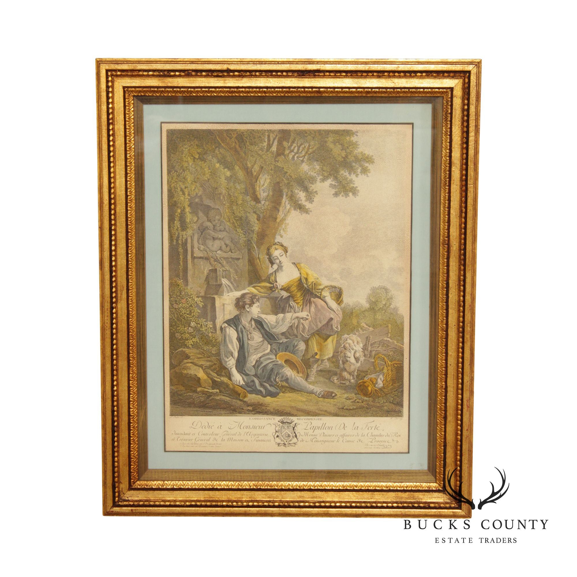 Antique 18th C. French 'L' Obeissance Recompensee' Hand-Colored Engraving, After Francois Boucher