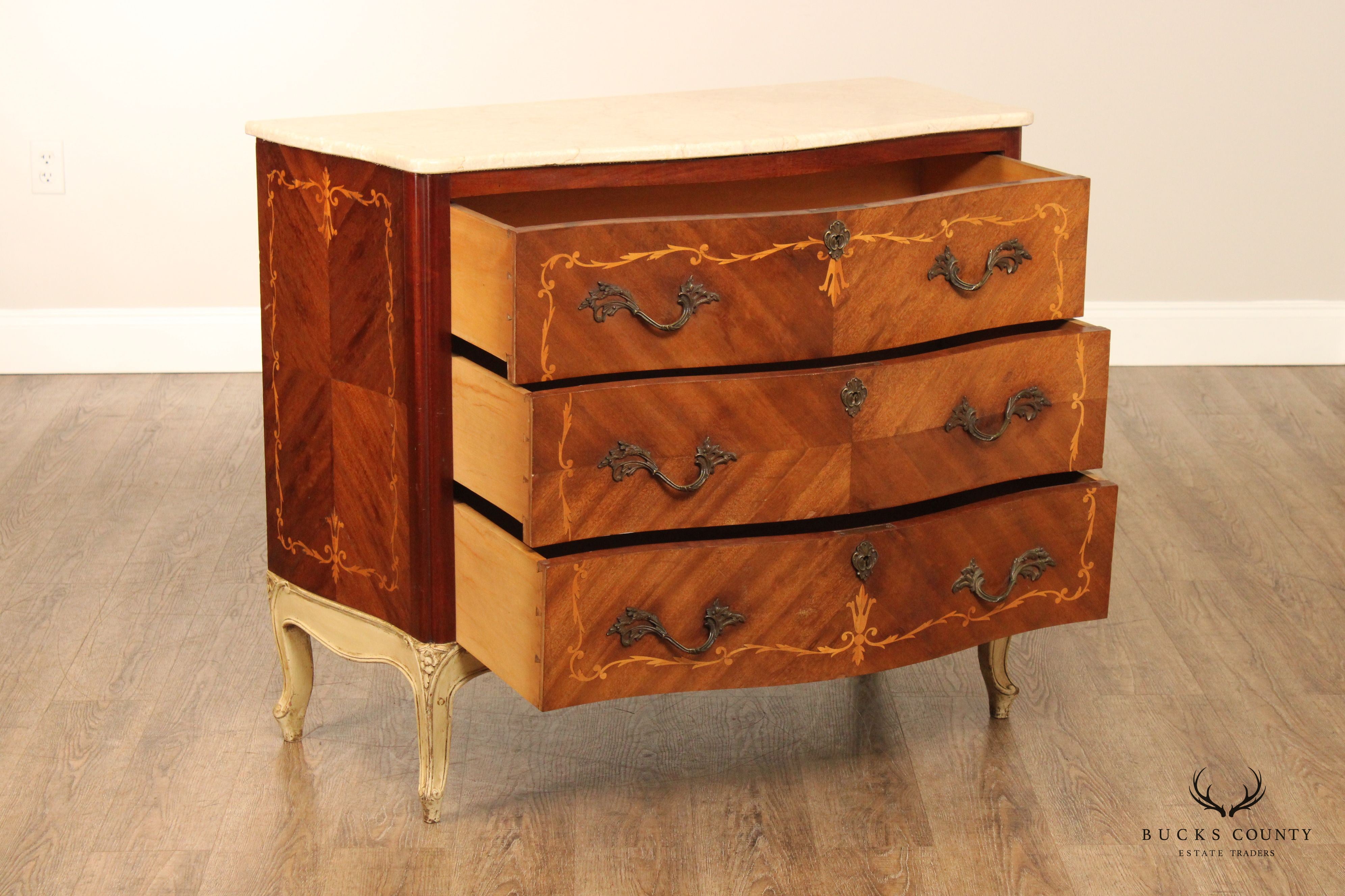 1920's French Marquetry Inlaid Marble Top Chest of Drawers