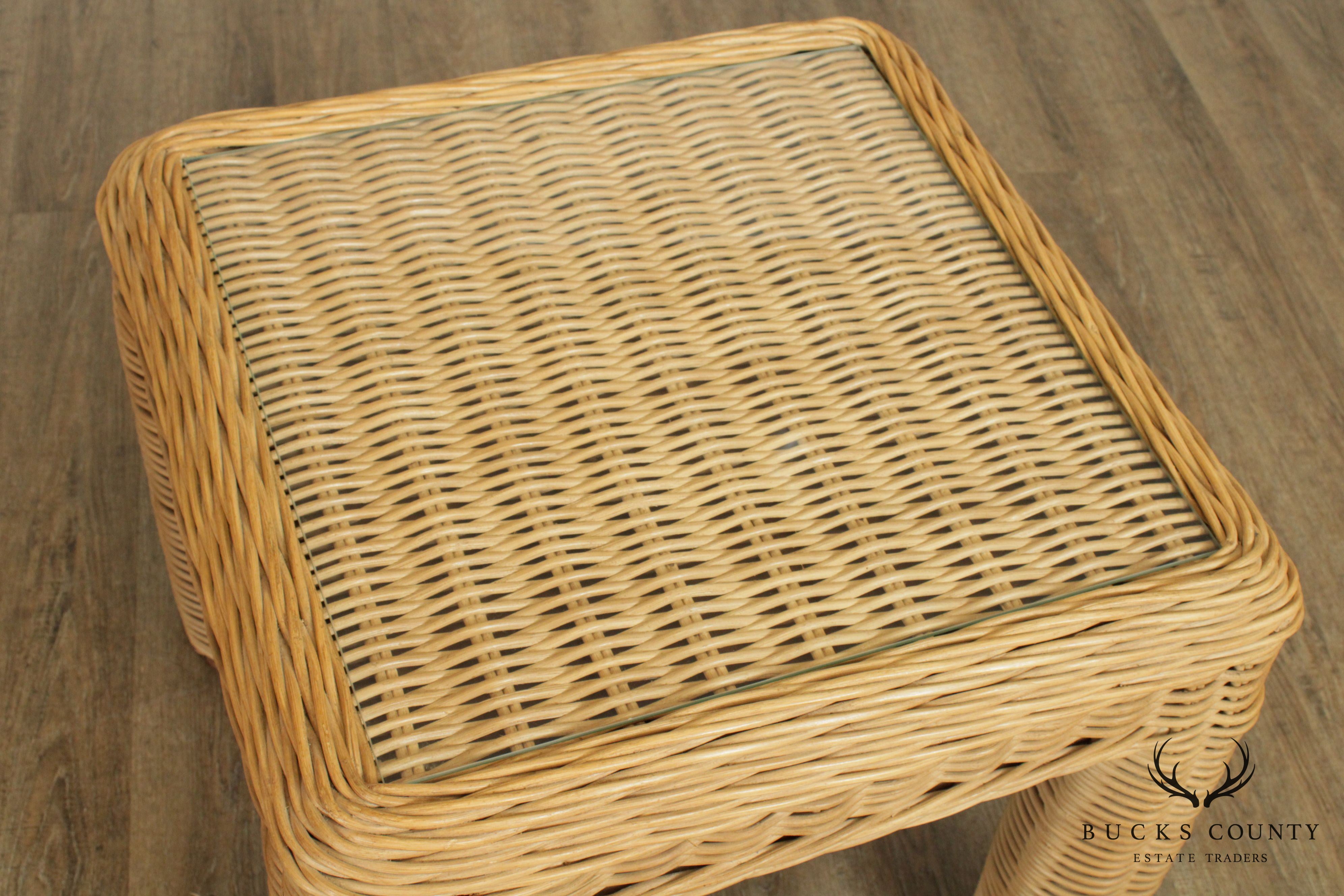 Quality Vintage Pair Square Wicker Side Tables