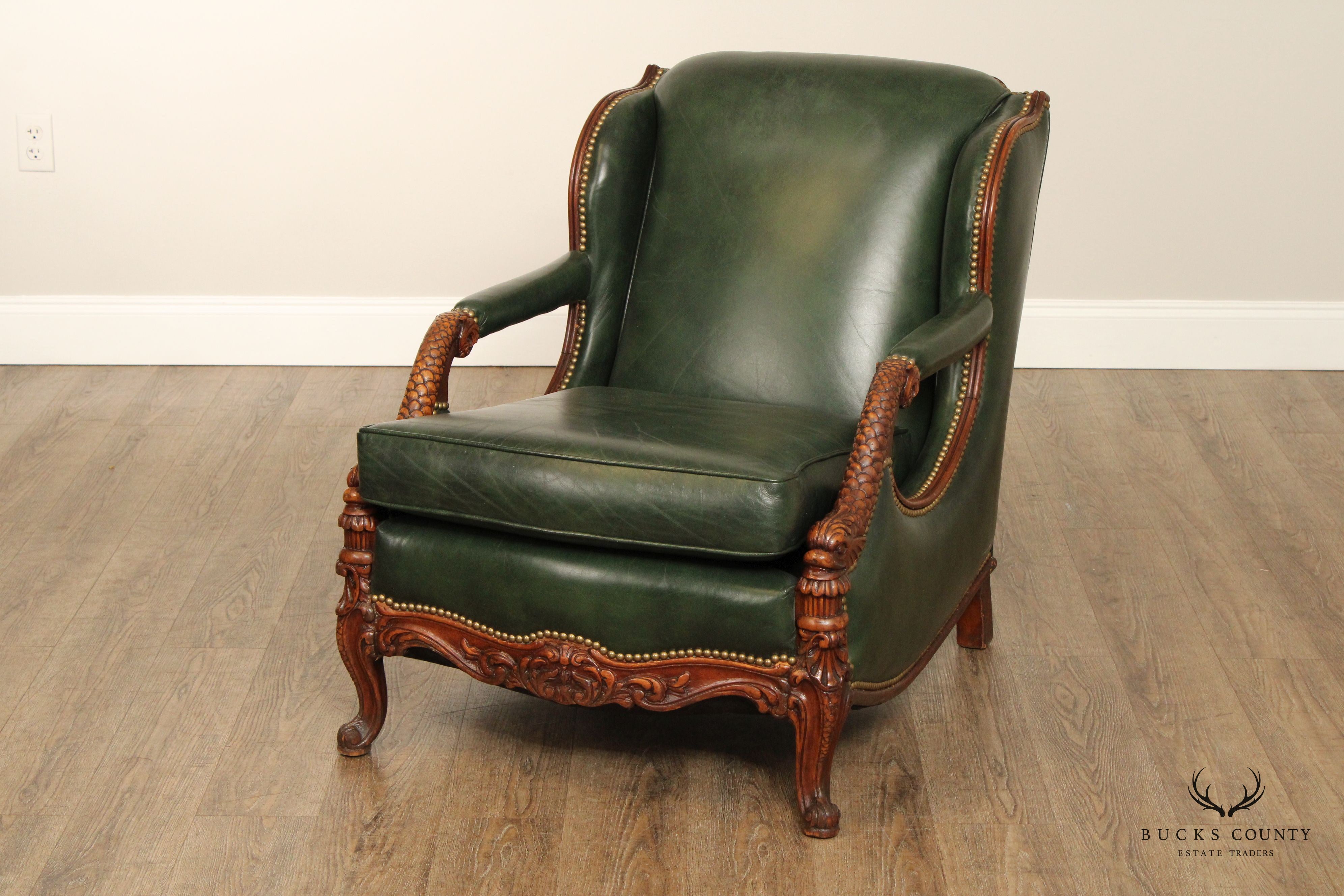 1930's French Regency Style Carved Mahogany and Leather Lounge Chair