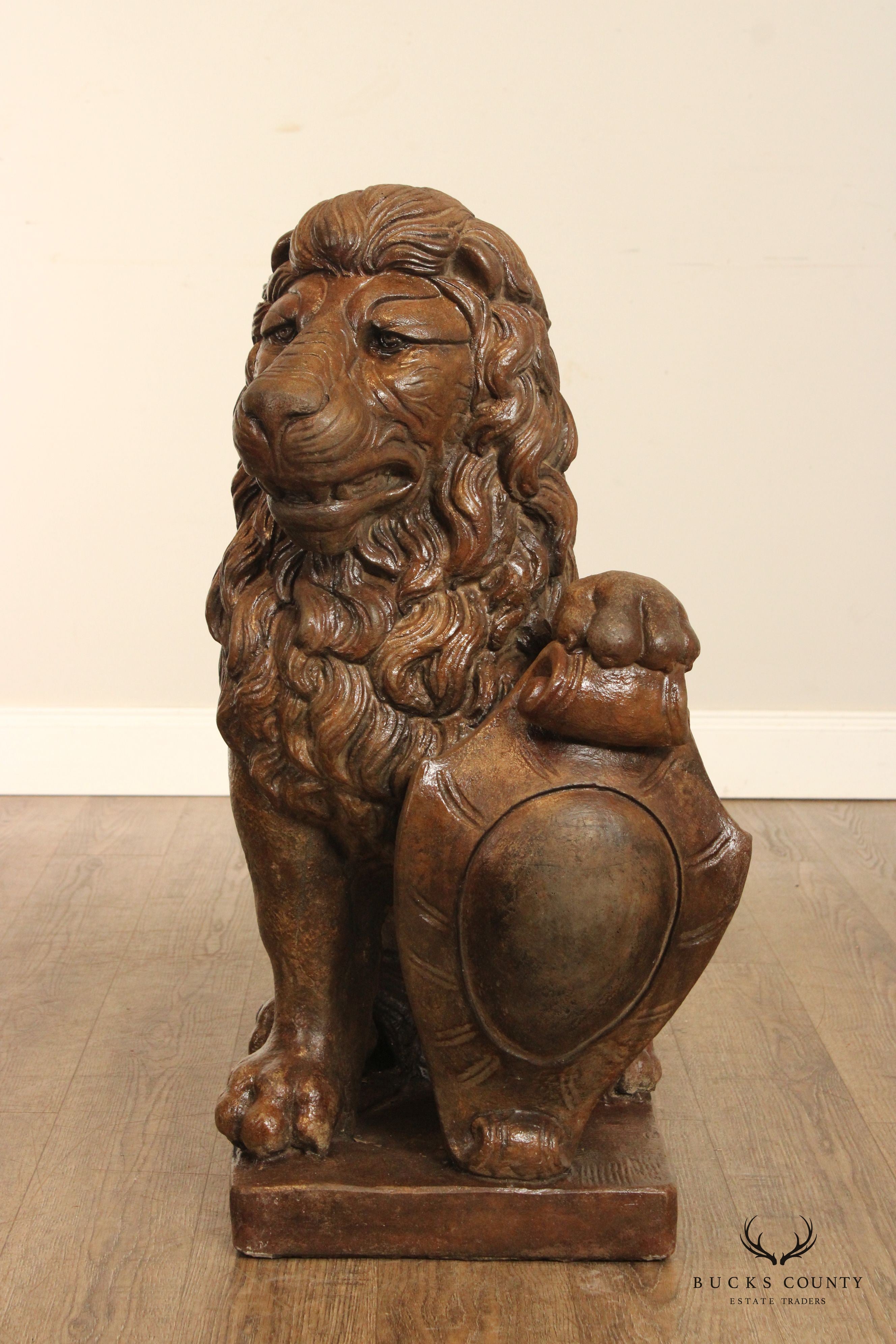 English Traditional Pair of Cast Stone Heraldic Lion Statues