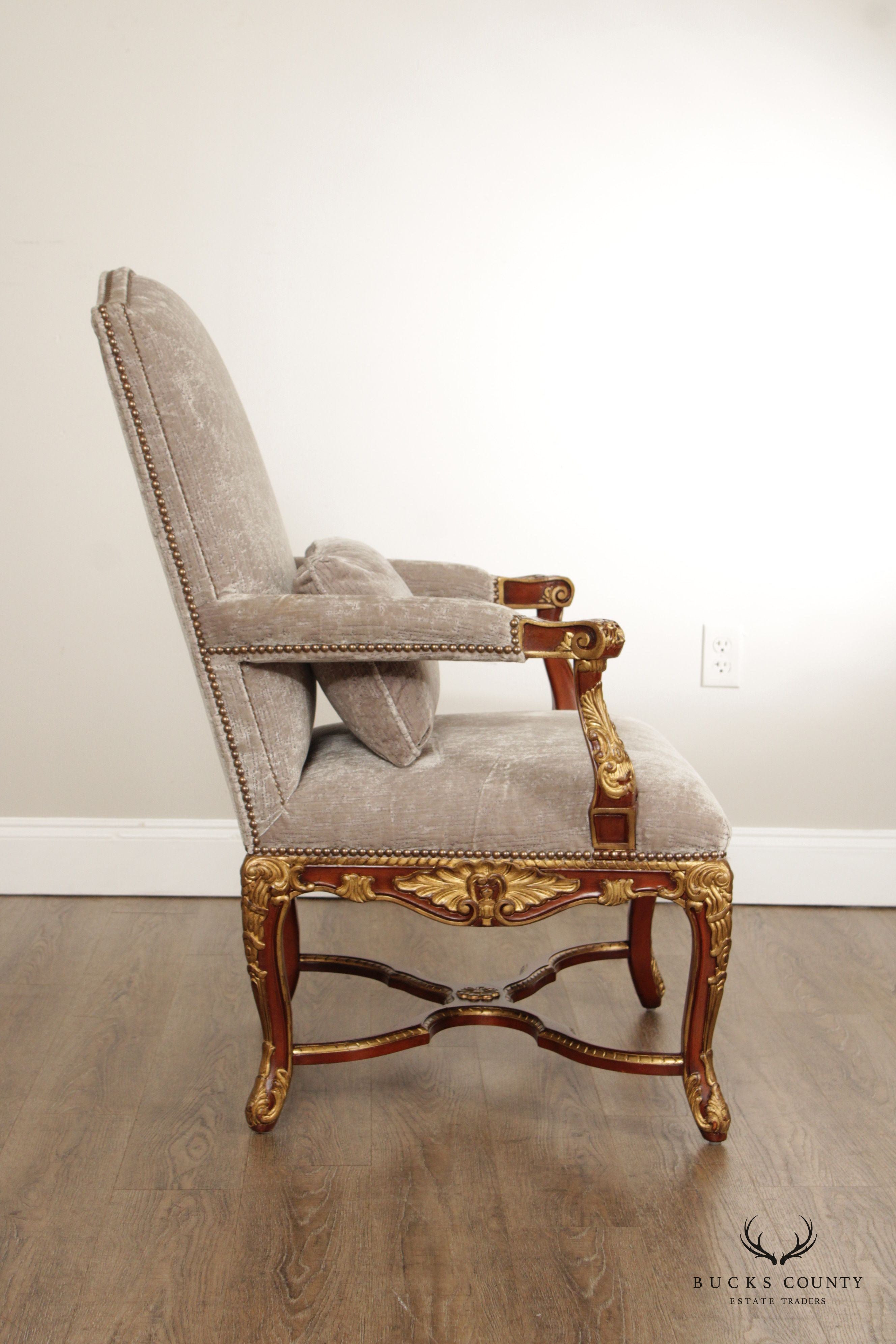 EJ VICTOR FRENCH REGENCE STYLE GILT CARVED ARMCHAIR