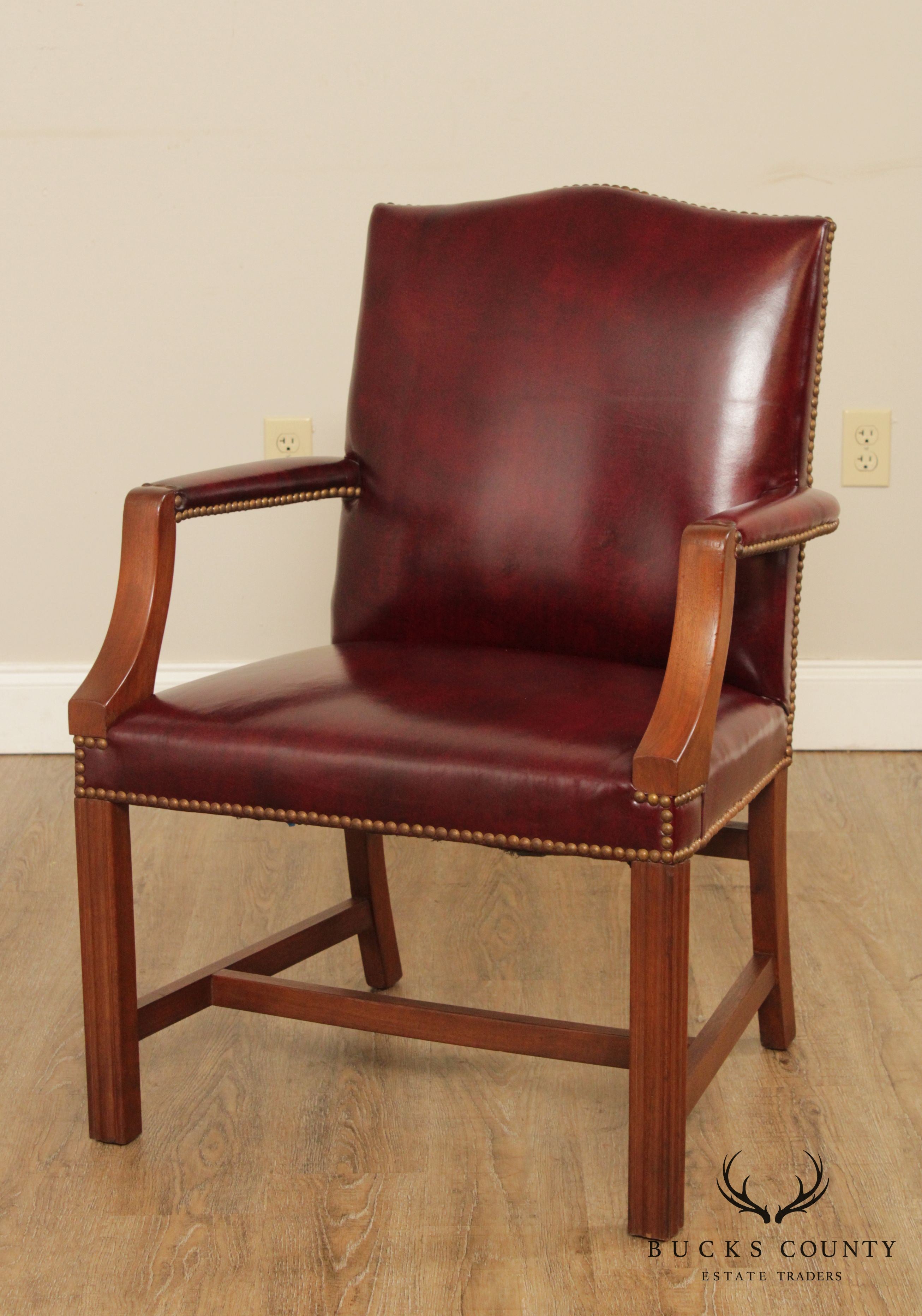 Chippendale Style Pair Mahogany Oxblood Leather Library Armchairs