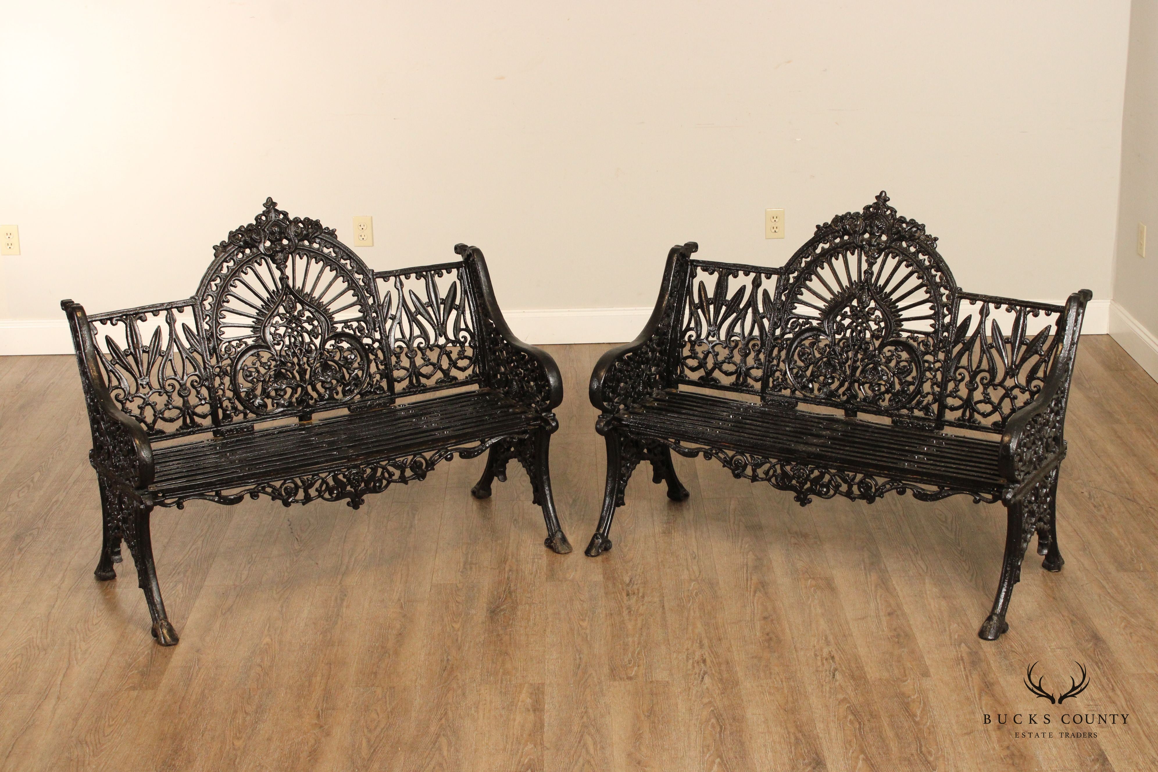 Victorian Style Quality Pair of Cast Iron Outdoor Garden Benches