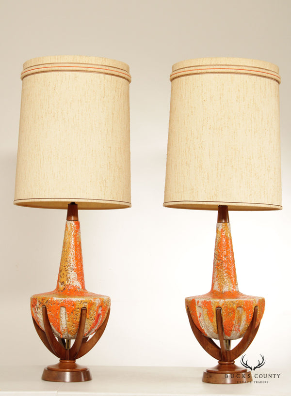 Mid Century Modern Pair Lava Ceramic Table Lamps