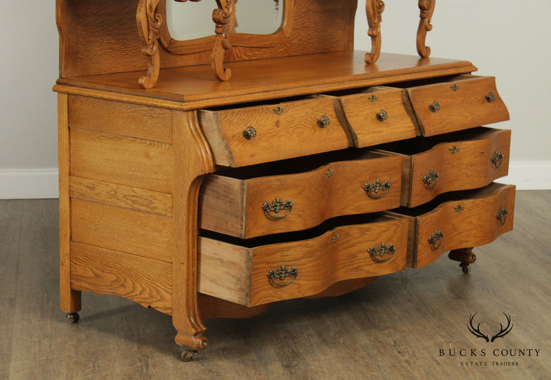Antique Victorian Oak Unusual Double Dresser, Mirror Back