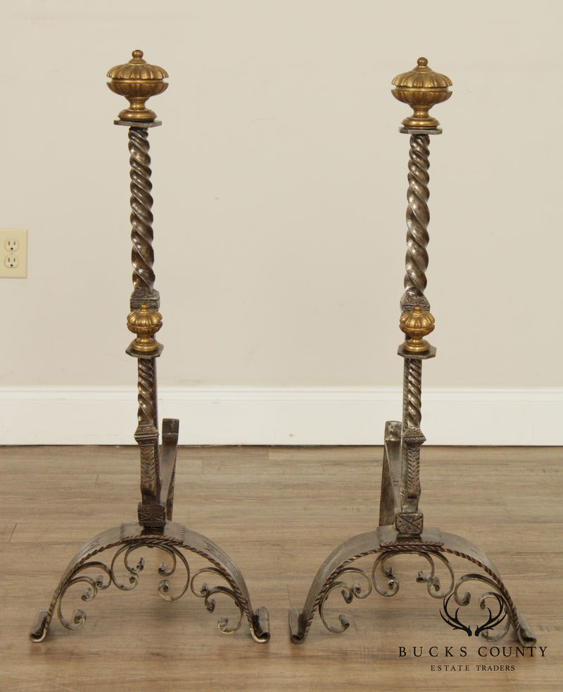 Antique Aesthetic Movement Pair of Tall Brass & Iron Andirons