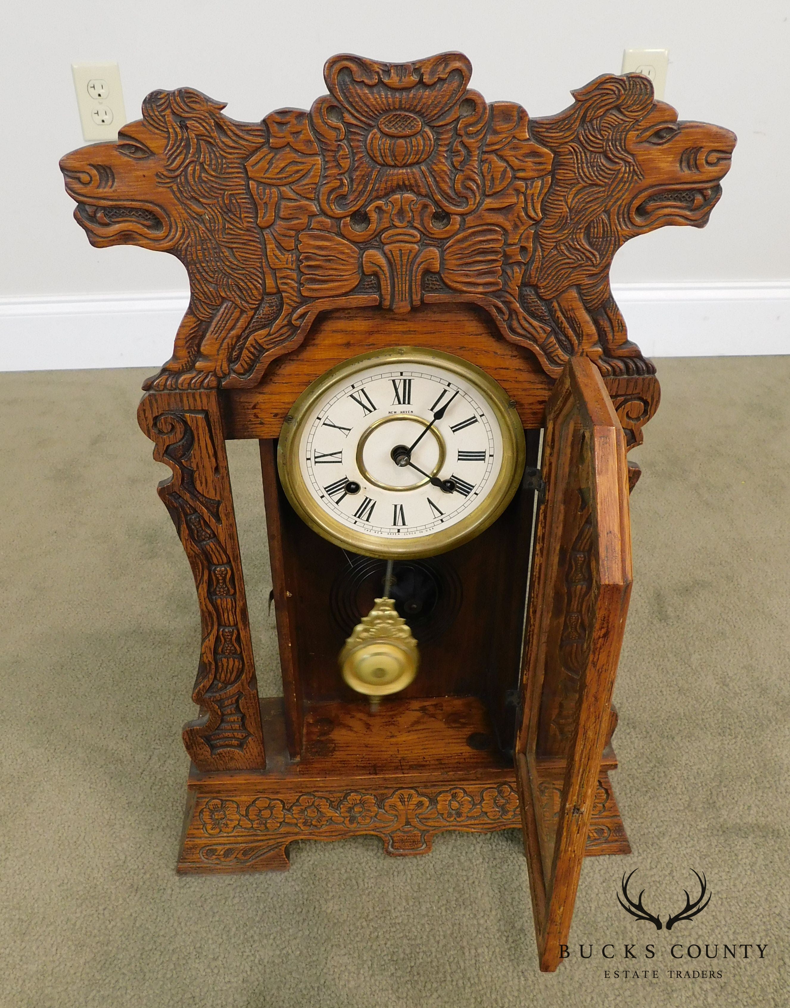 New Haven Antique Lion Carved Oak Gingerbread Kitchen Clock