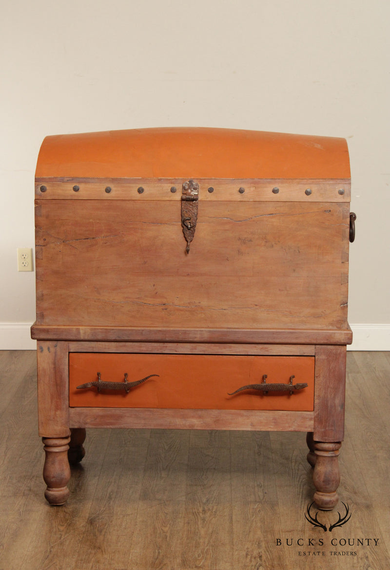 Antique 19th C. Leather Wrapped Hardwood Chest with Iron Crocodile Hardware
