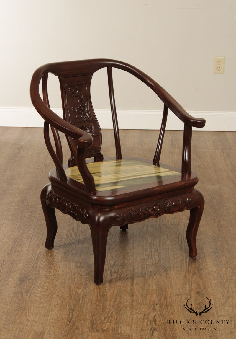 Chinese Pair Marble & Hardwood Horseshoe Chairs
