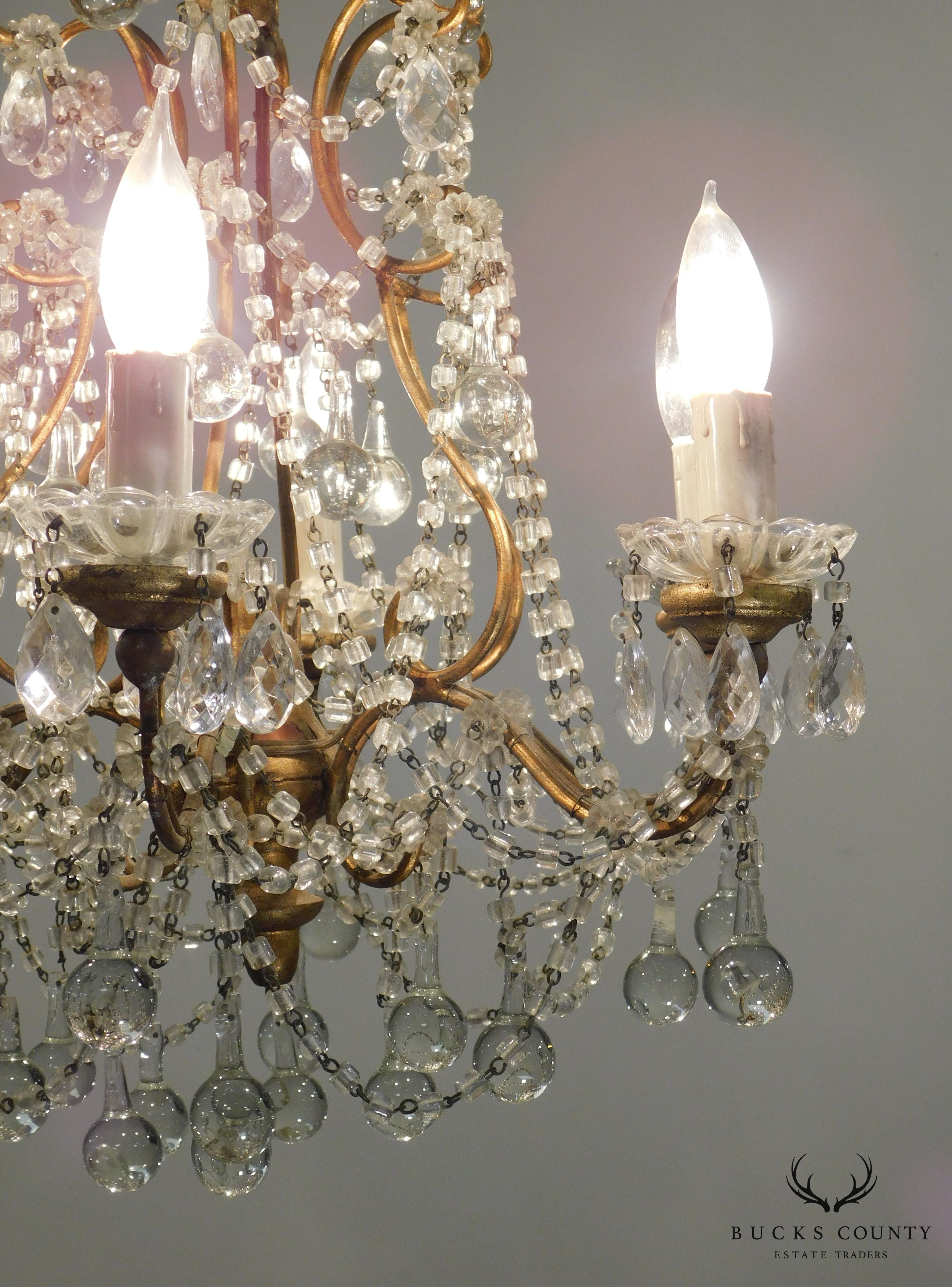 Vintage Italian Gilt Metal Chandelier with Teardrop Prisms