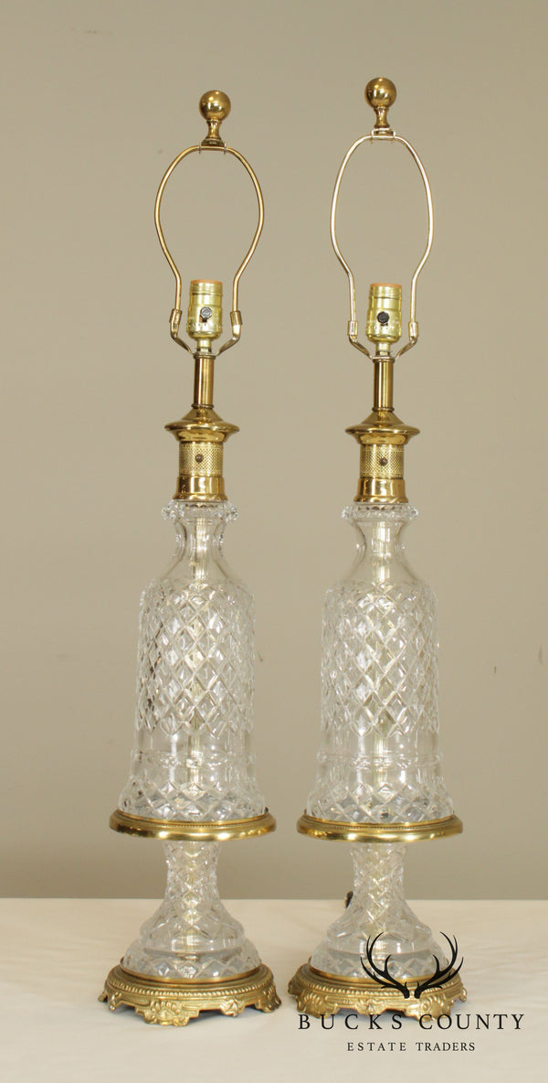 Pair Crystal Tuscan Style Table Lamps Brass Base
