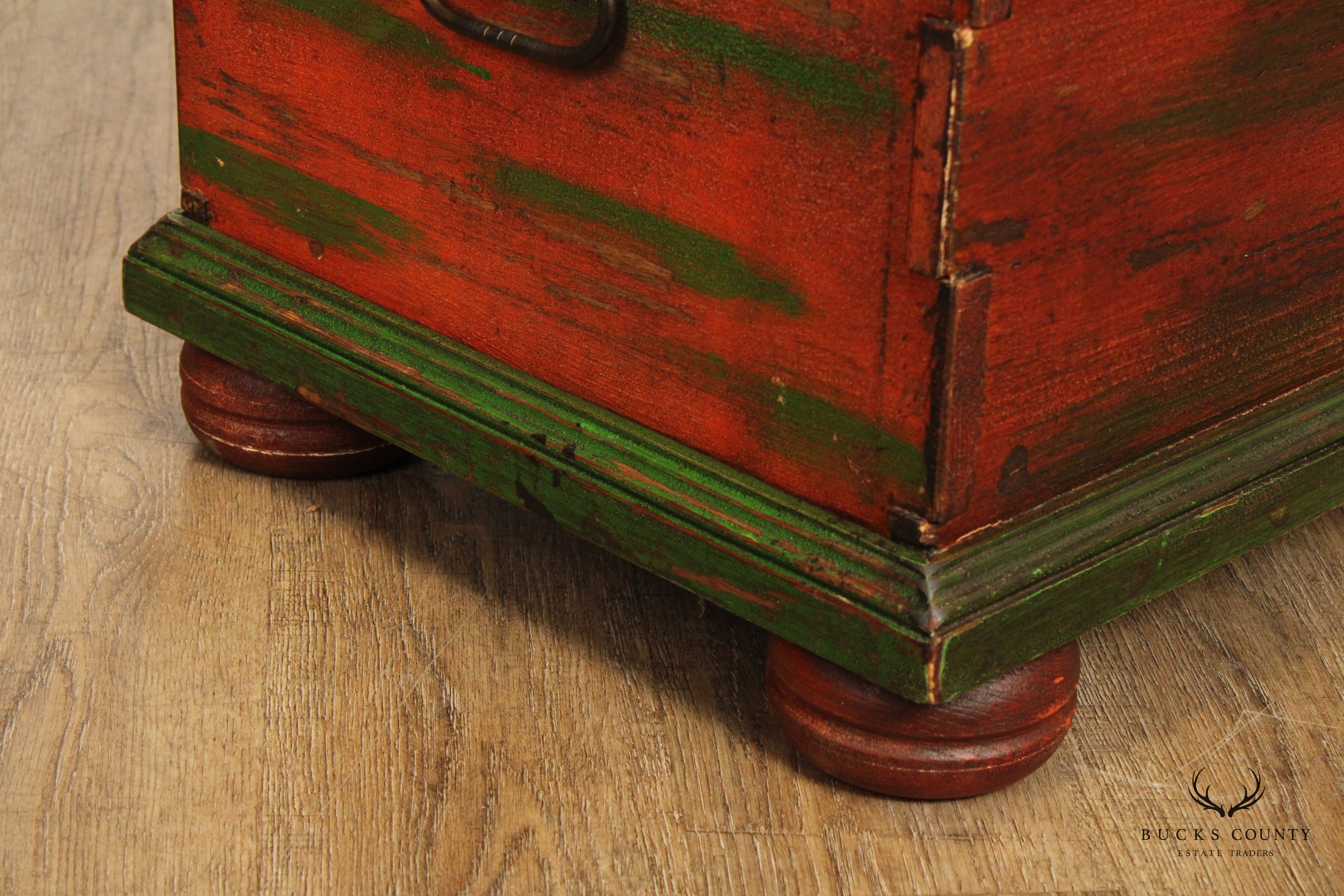 VINTAGE ORNATE HAND PAINTED BESPOKE TRUNK WTH IRON STRAP HINGES