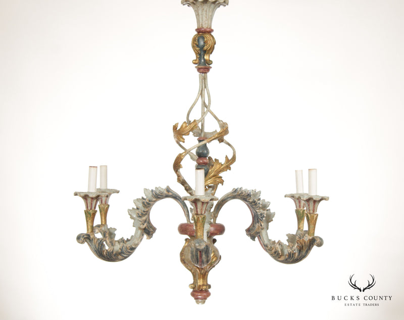 Italian Style Painted Wood and Wrought Iron Six Arm Chandelier