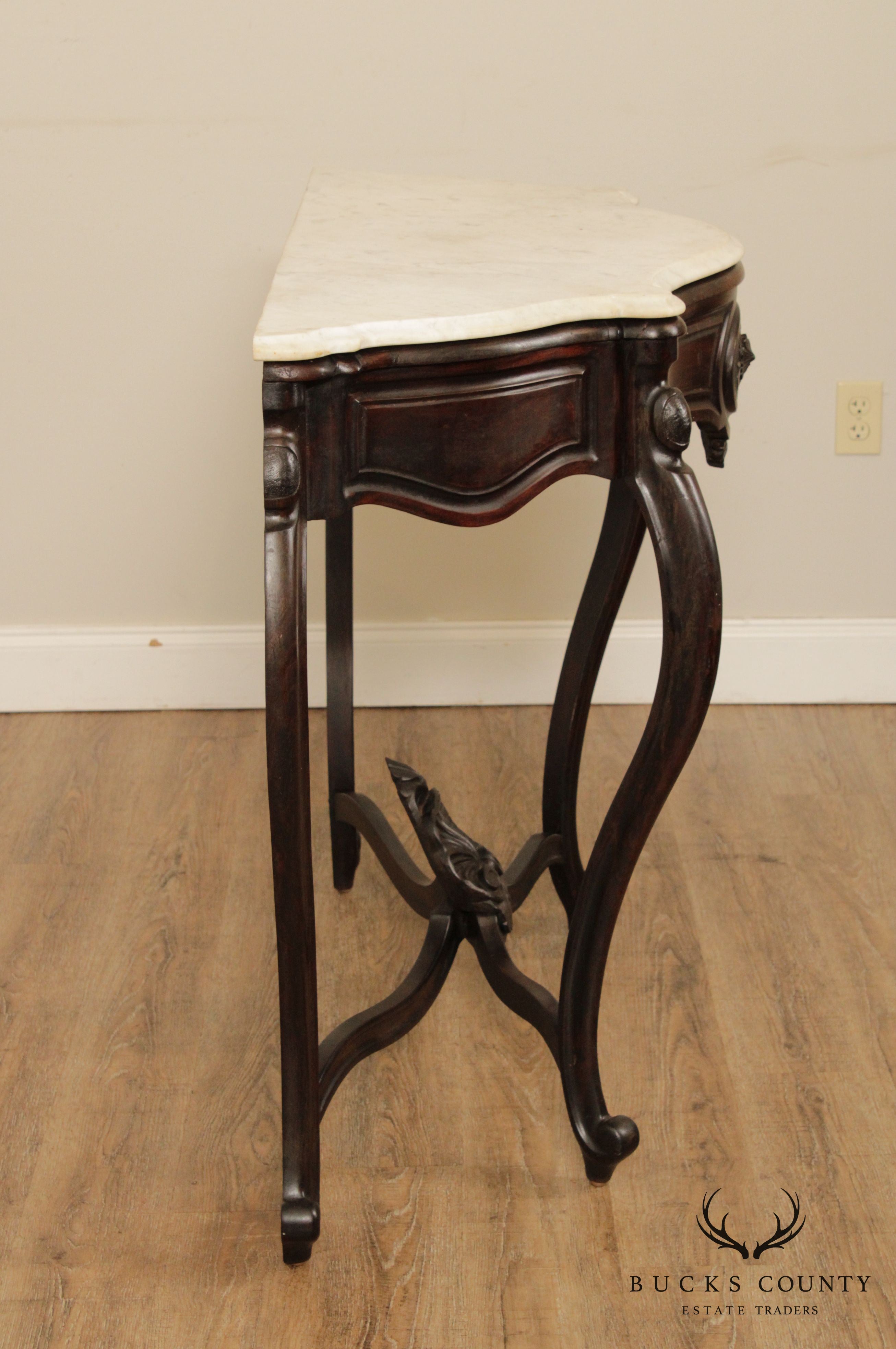 Antique Victorian Renaissance Revival Marble Top Walnut Console Table