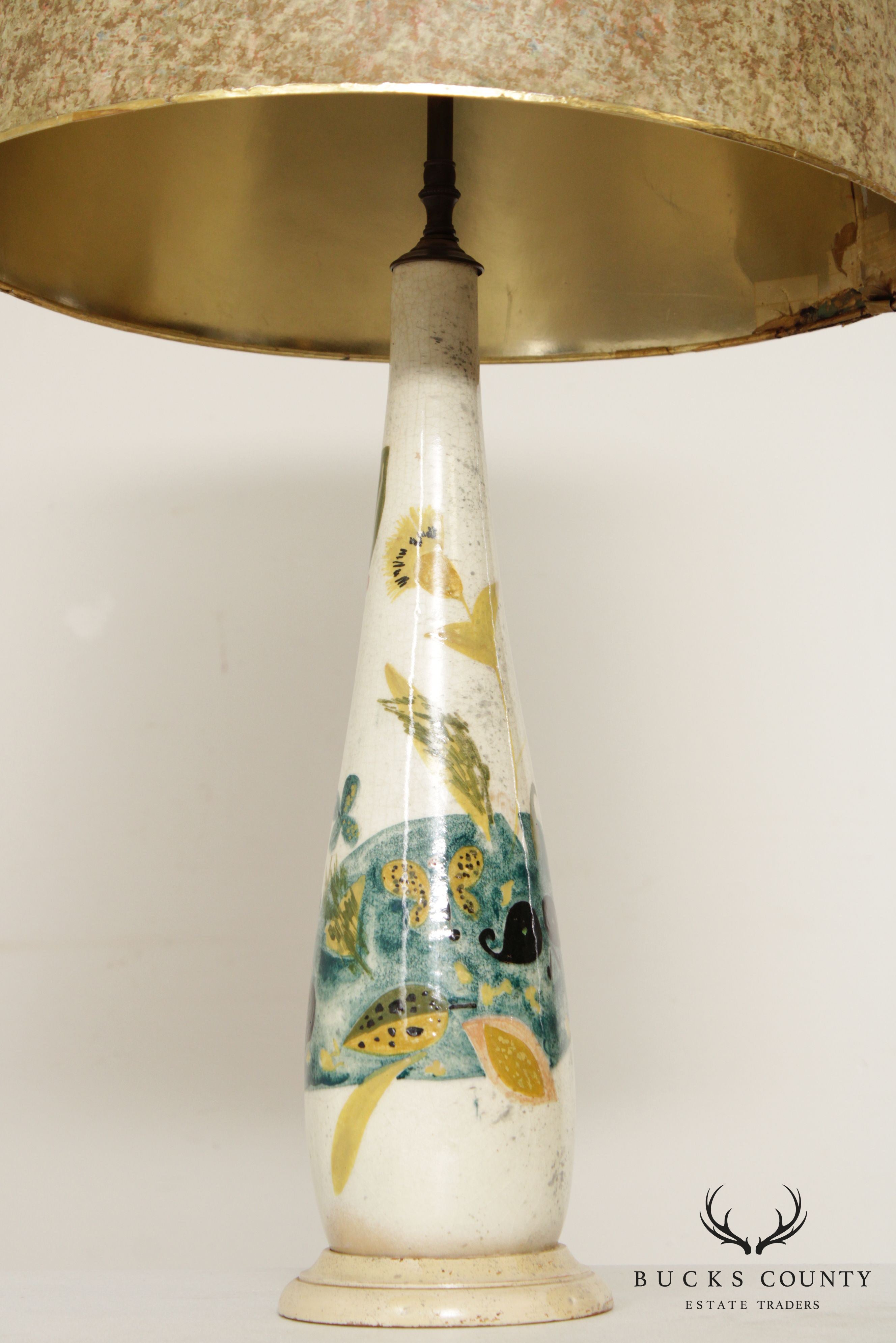 Vintage Arvi Tynys Pair Mid Century Modern Hand Painted Pottery Table Lamps