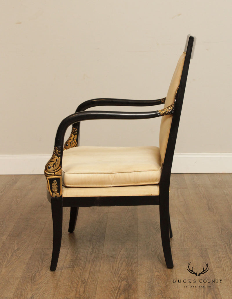 French Empire Style Pair of Ebonized Partial Gilt Dolphin Carved Armchairs