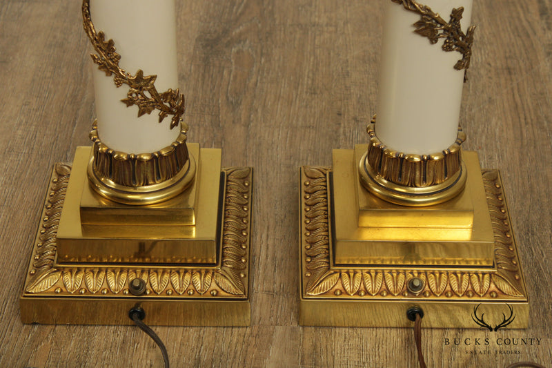 Stiffel Neo-Classical Style Pair Ivory Lacquered And Brass Column Table Lamps