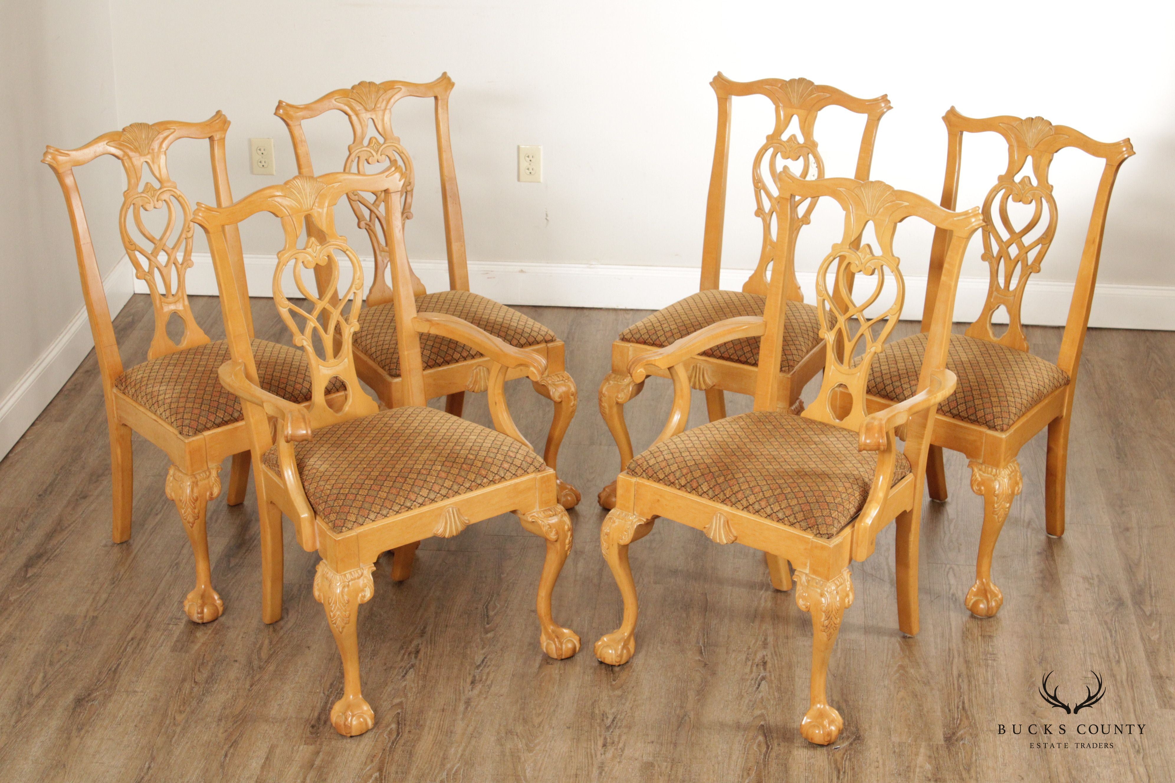 Chippendale Style Vintage Set Six Blonde Wood Dining Chairs