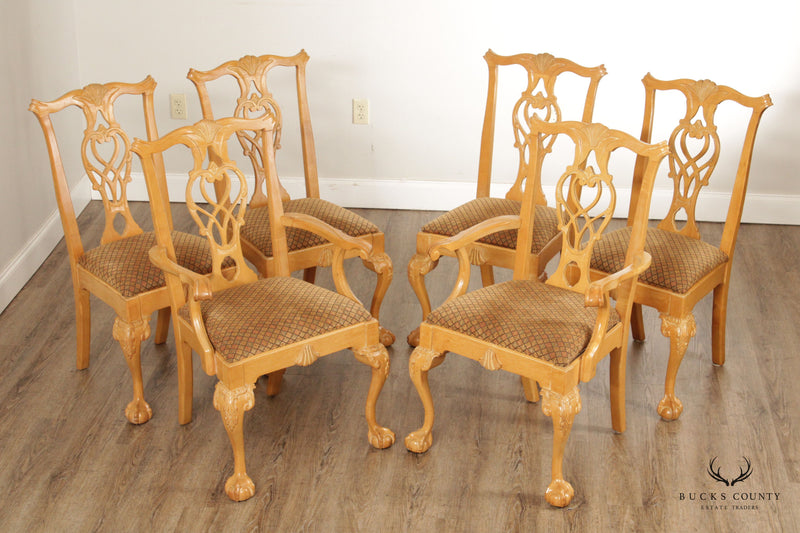 Chippendale Style Vintage Set Six Blonde Wood Dining Chairs