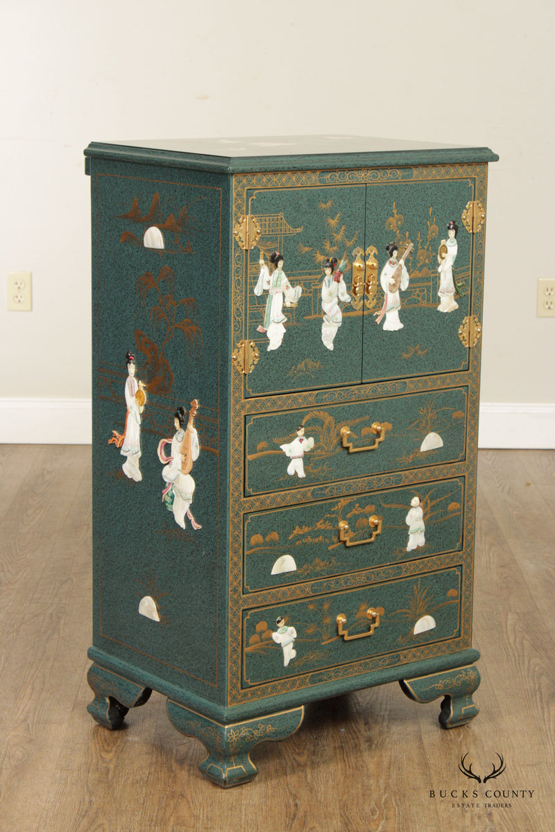 Asian Green Chinoiserie Lacquered Jewelry Cabinet