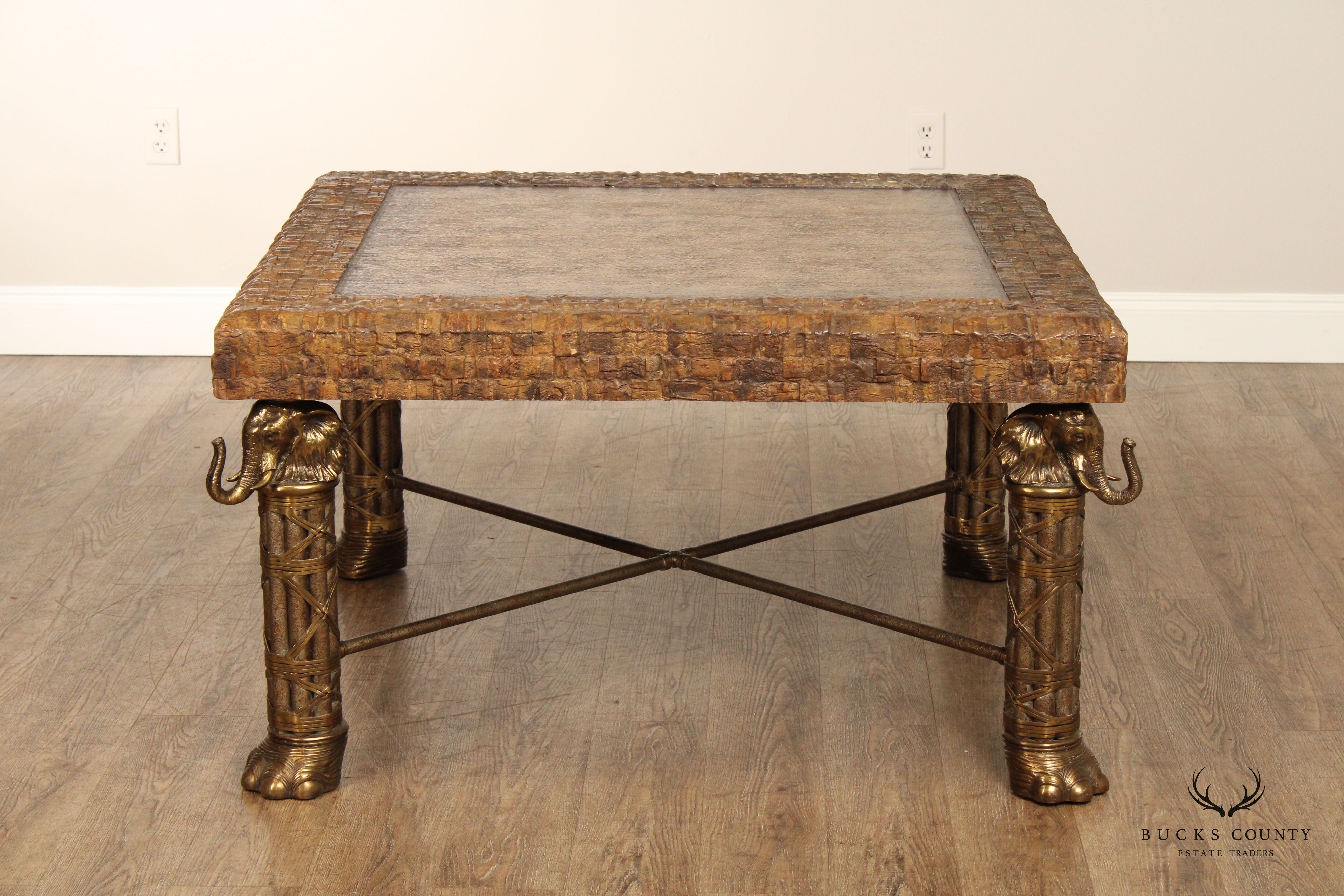 Maitland Smith Unusual Brass Elephant Base Square Leather Top CoffeeTable