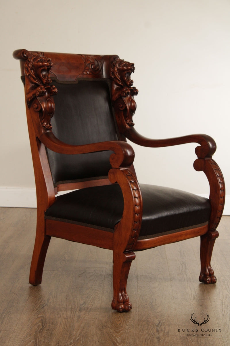 Antique American Empire Style Lion Carved Leather Armchair