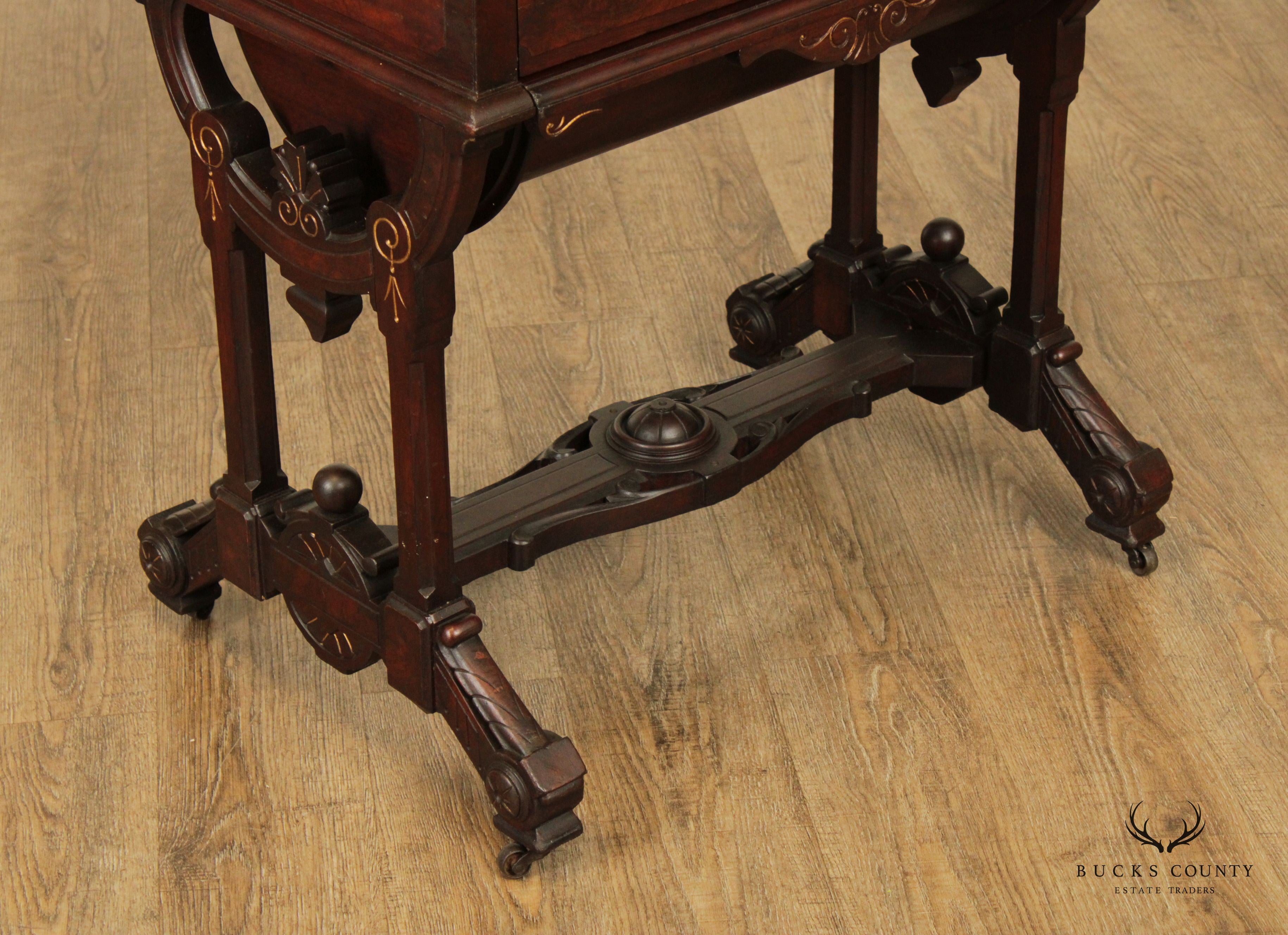 Antique Victorian George Hess Inlaid Walnut Sewing Stand or Dressing Table