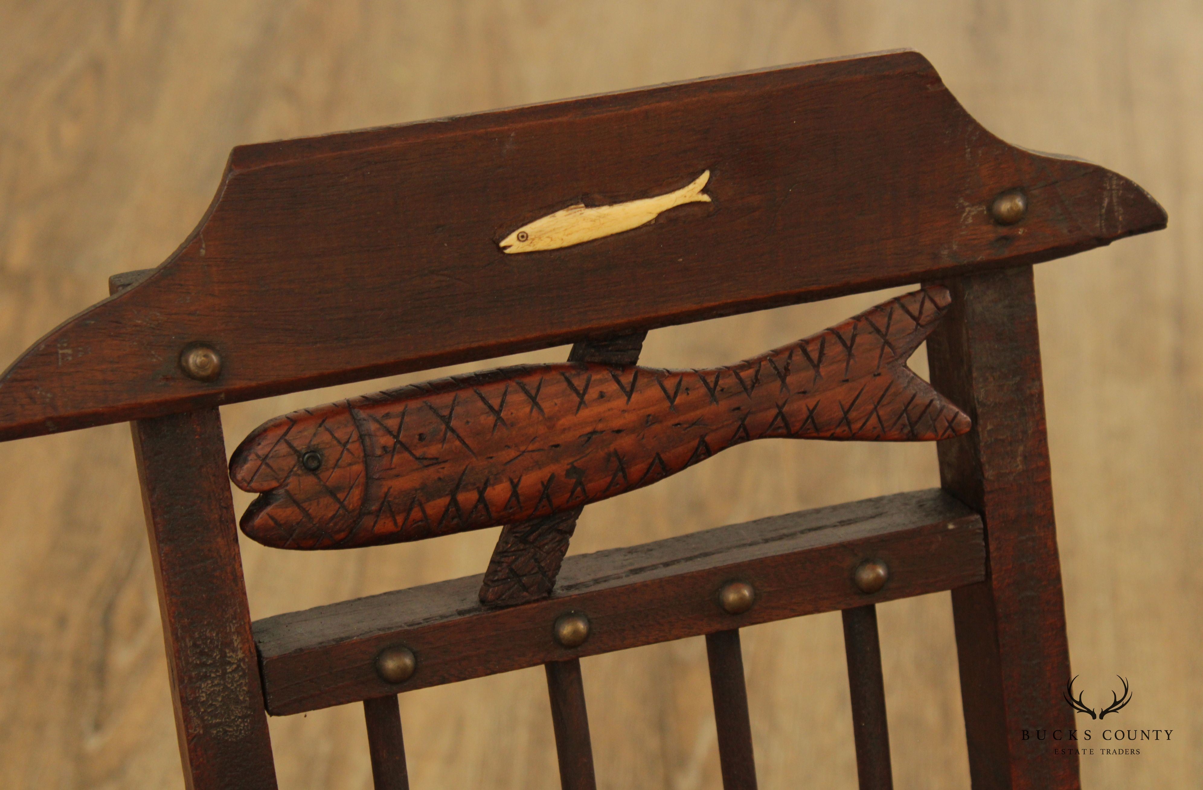 Antique 19th Century Walnut and Bone Child's Folding Fishing Chair