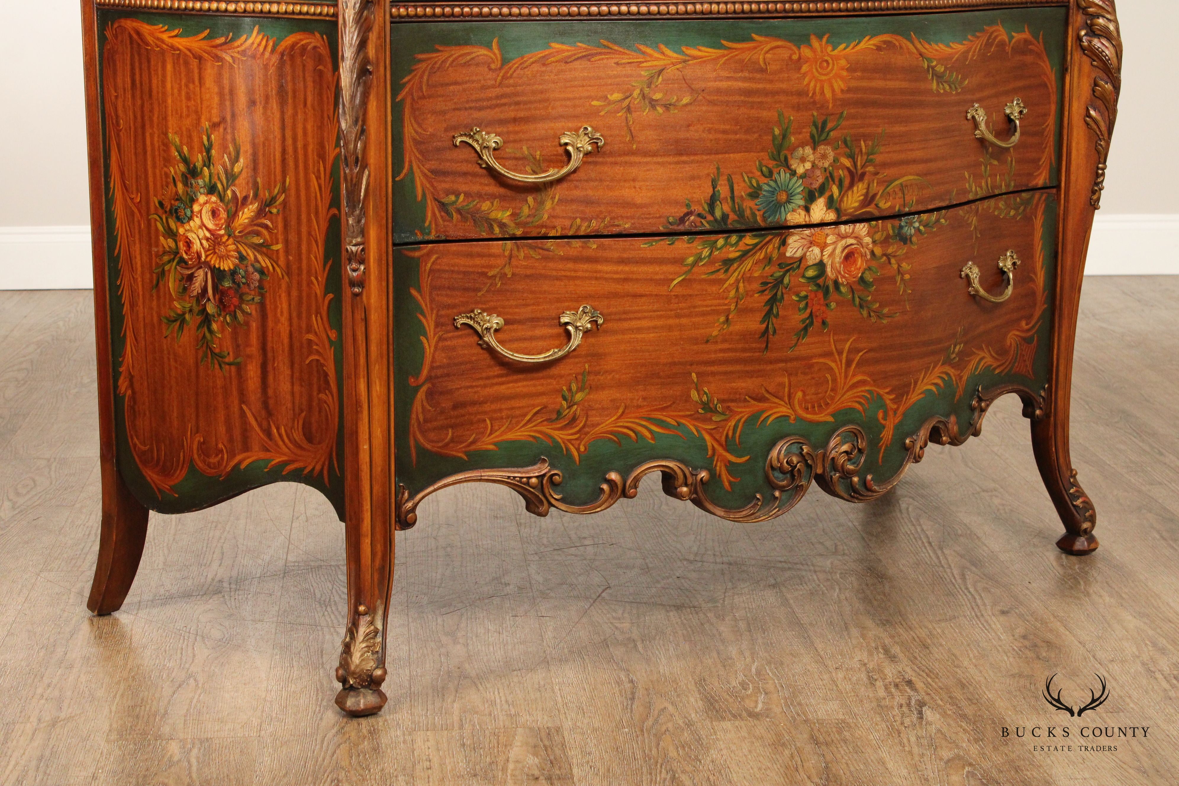 French Louis XV Style Paint Decorated Marble Top Commode