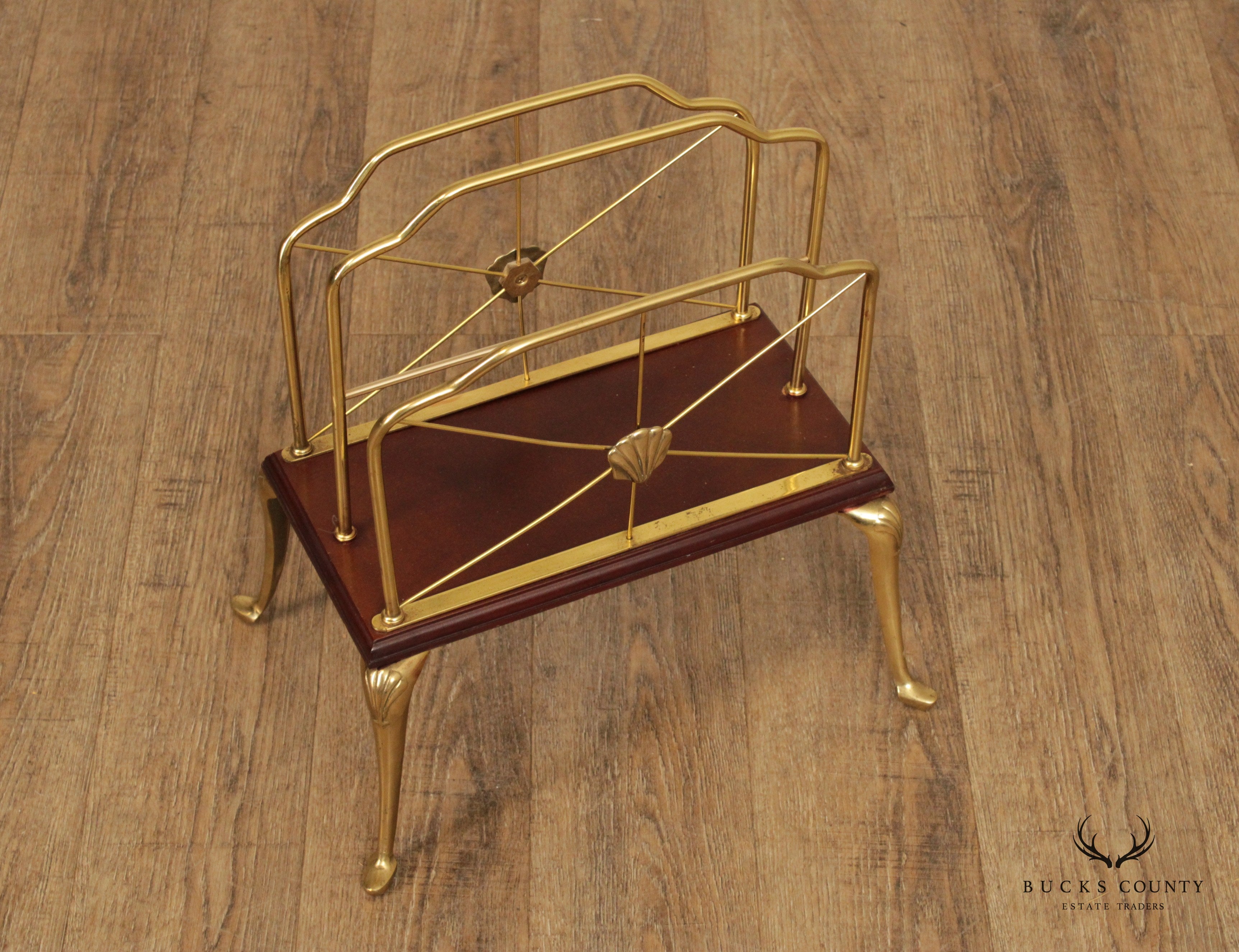 Decorative Crafts Inc. Regency Style Pair of Brass and Cherry Magazine Racks