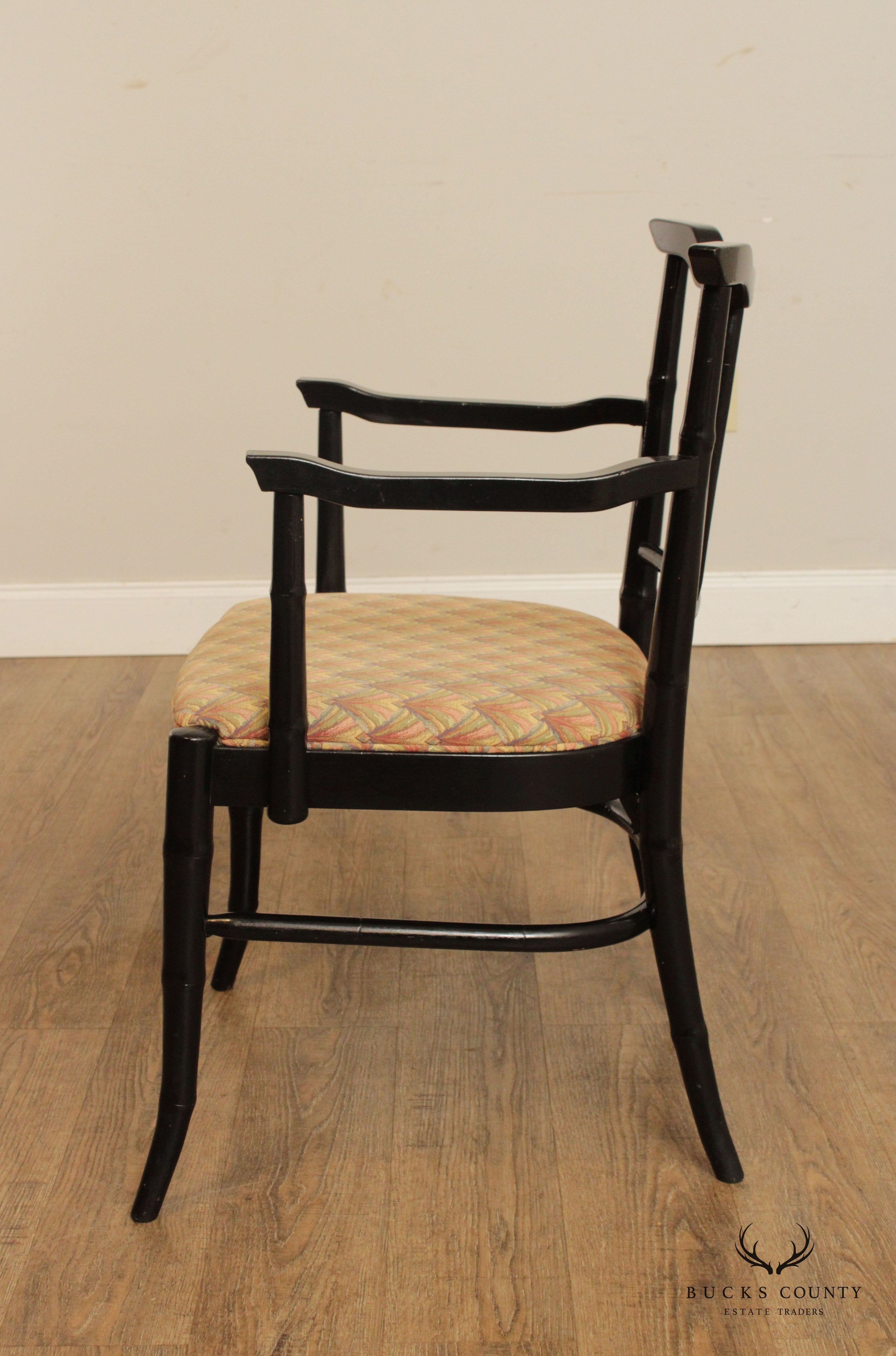 Mid Century Asian Style Faux Bamboo Pair of Lacquered Arm Chairs