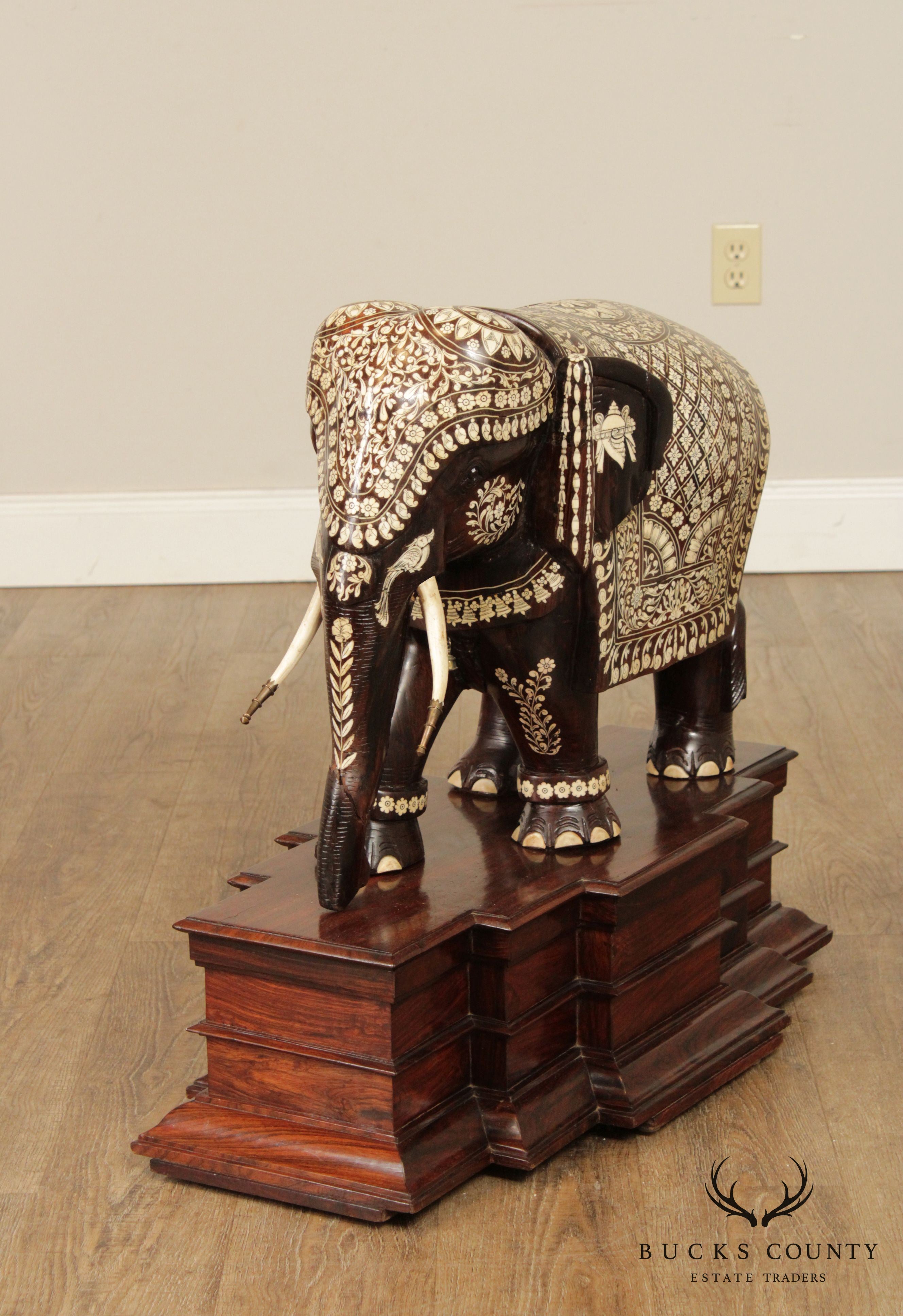 Antique Large Indian Carved Rosewood Bone Inlaid Elephant Statue on Base