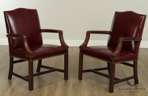 Chippendale Style  Leather Pair of Mahogany Oxblood Leather Armchairs