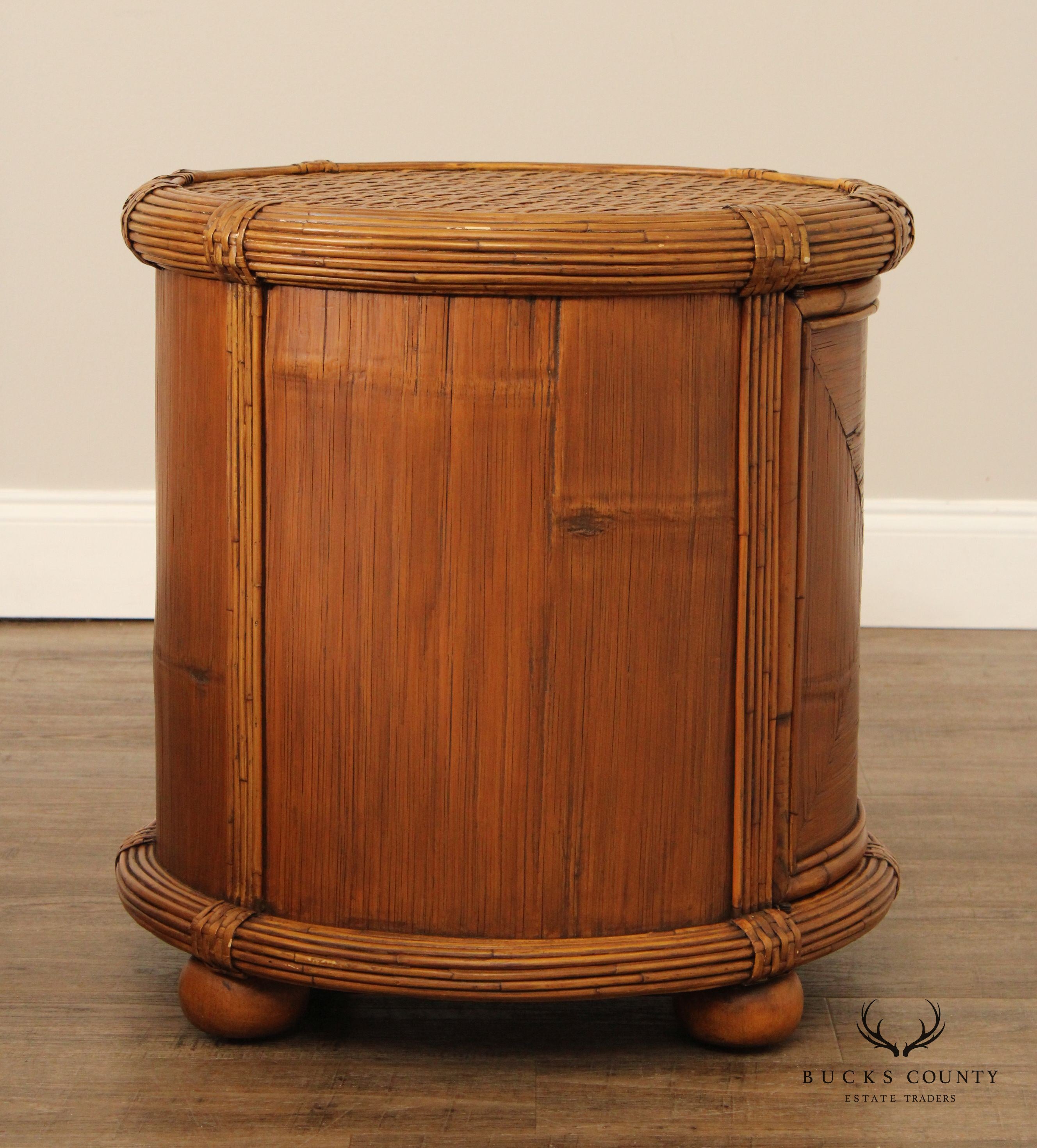 Bamboo and Rattan Circular Glass Top Drum Style Side Table