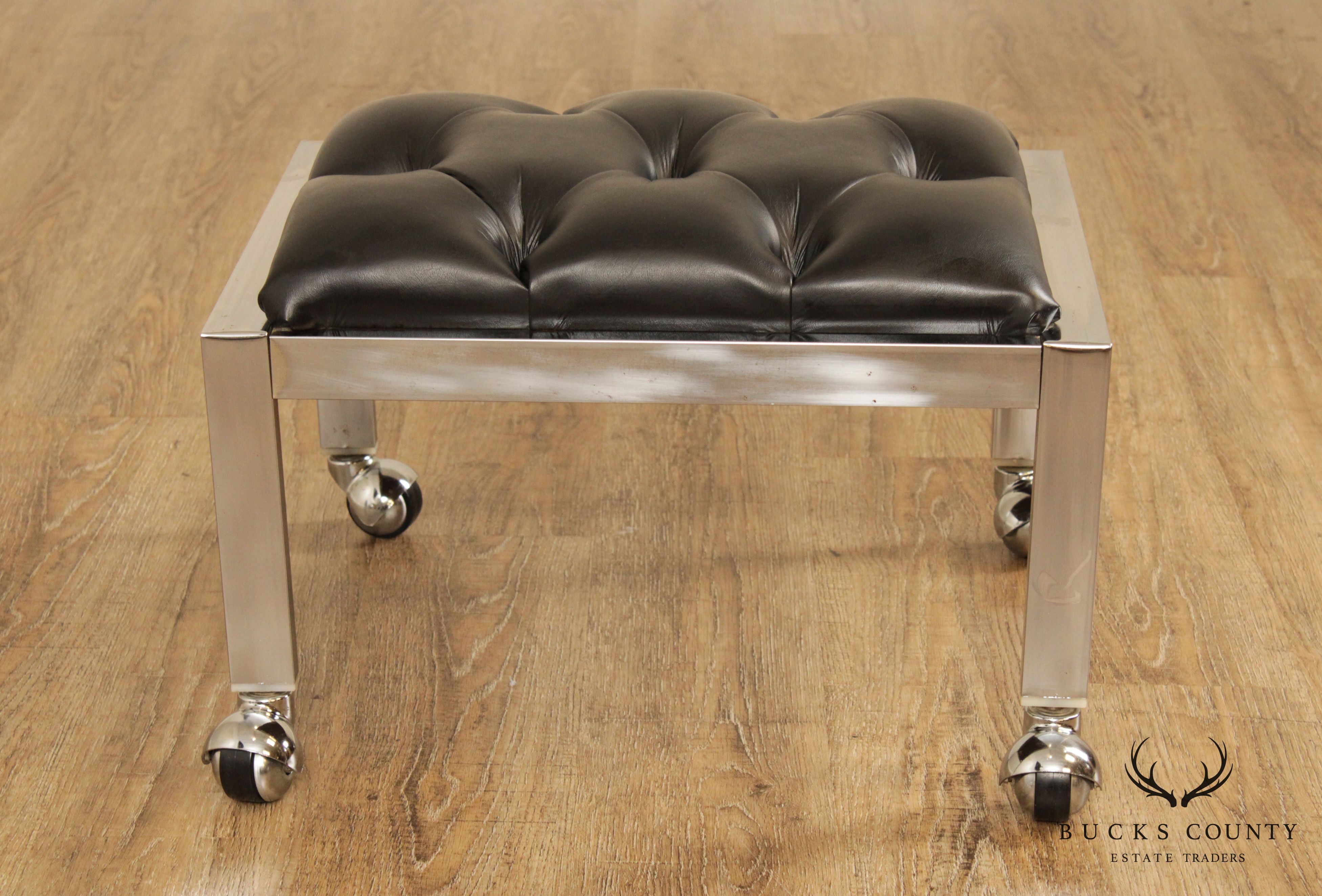 Vintage Modern Chrome & Black Vinyl Rolling Footstool