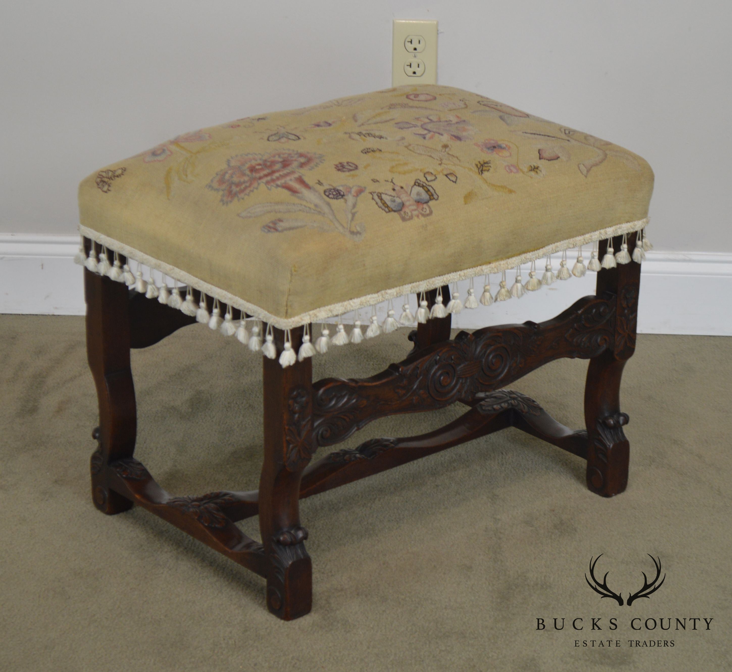 Italian Renaissance Antique Carved Needlepoint Ottoman Bench