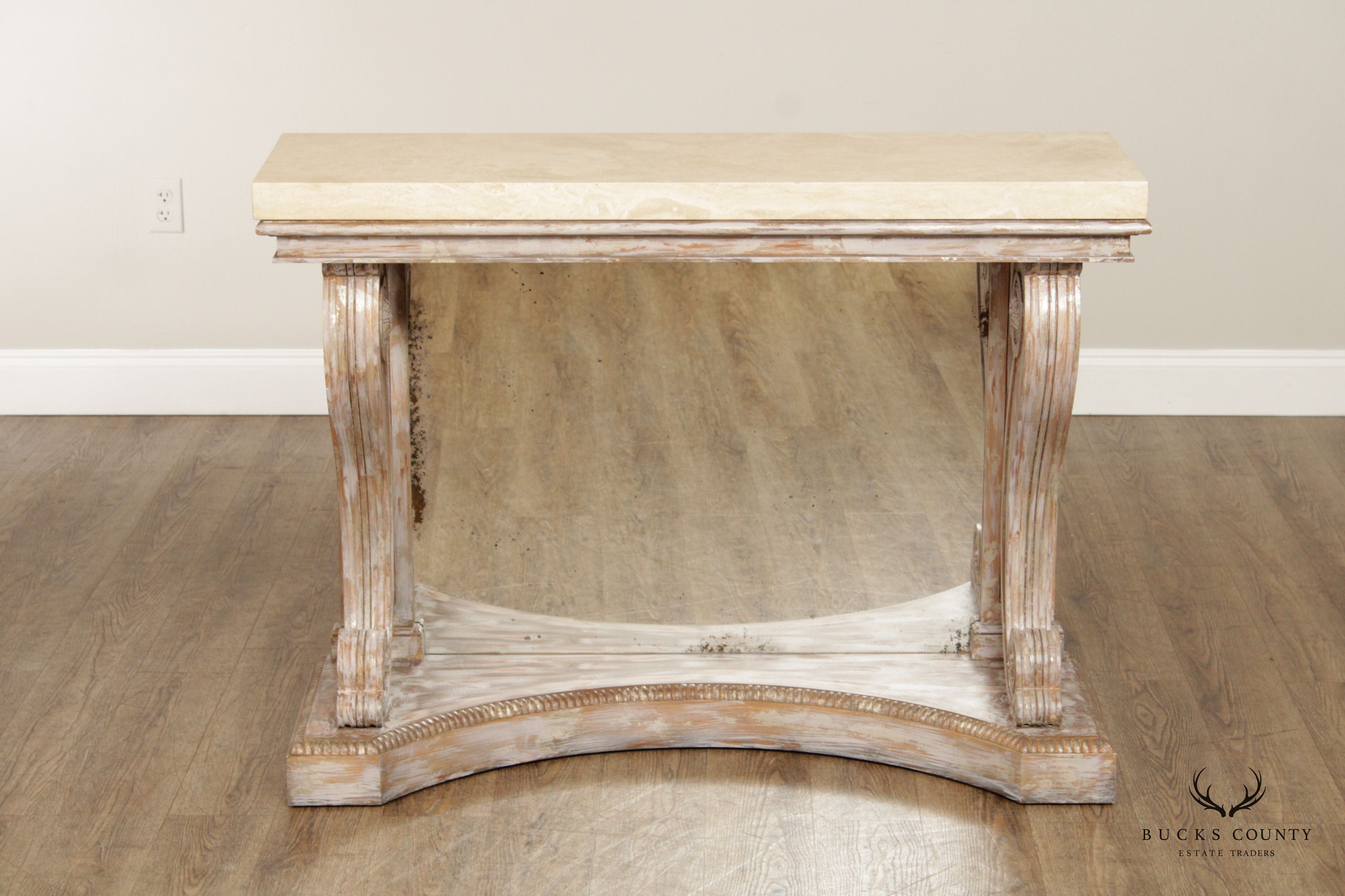 Niermann Weeks Neoclassical Empire Style Pair of Scroll Carved Travertine Top 'Blenheim' Consoles