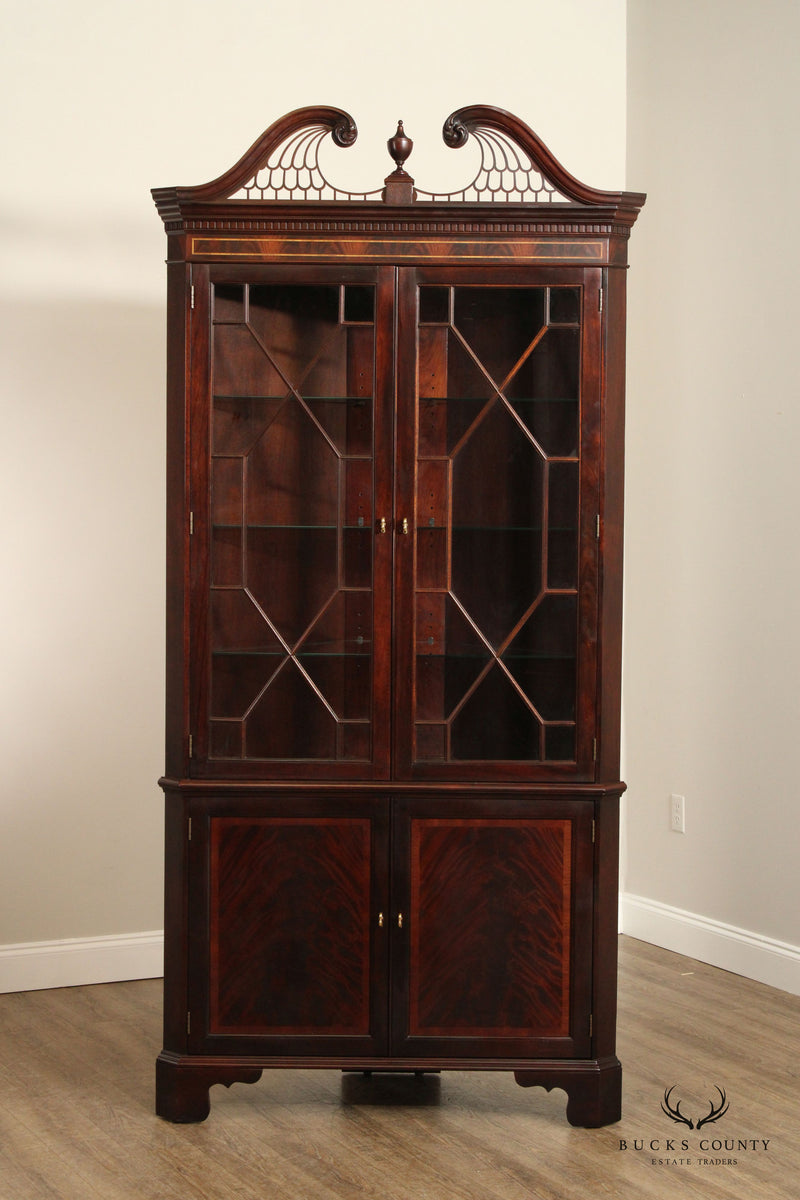 STICKLEY CHIPPENDALE STYLE PAIR INLAID MAHOGANY CORNER CABINETS