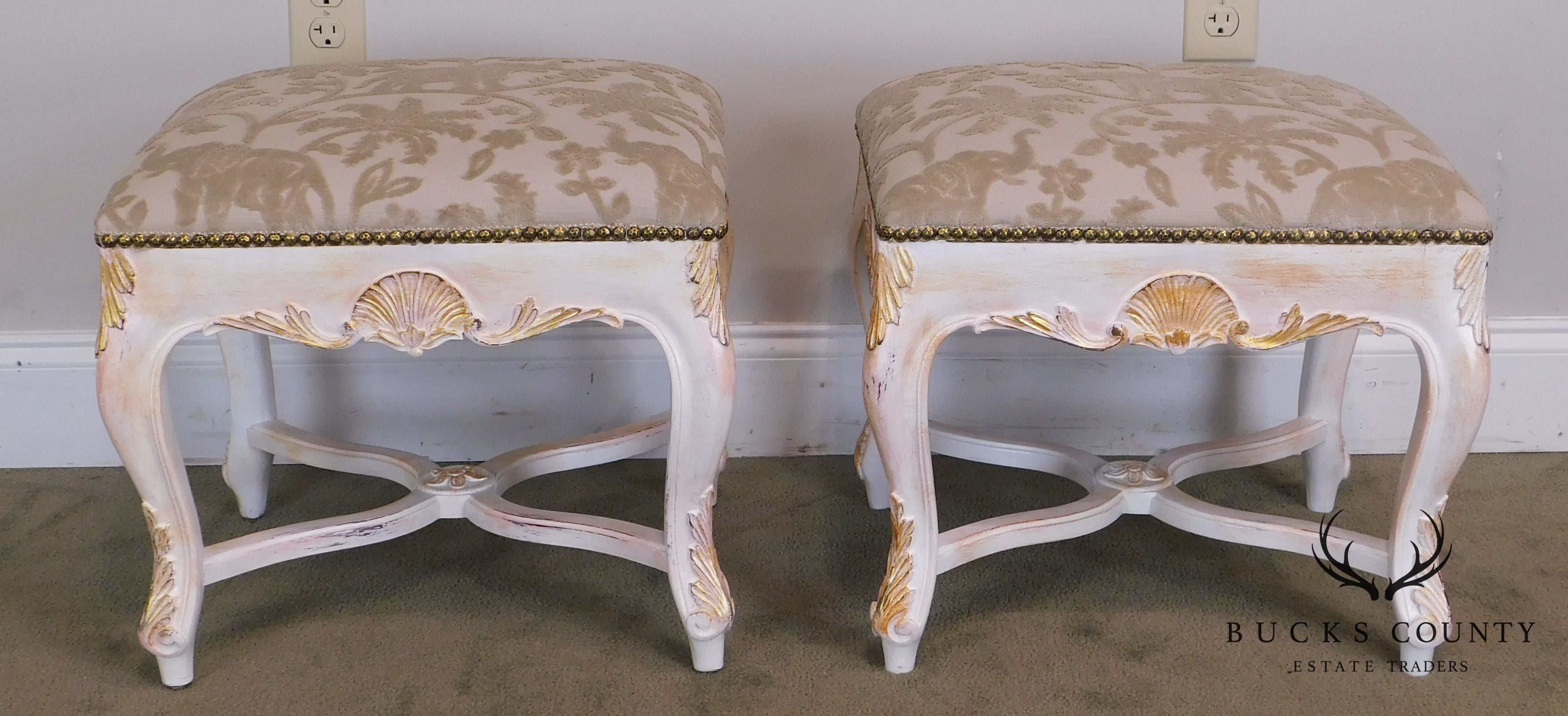 Italian Rococo Style Gilt & Painted Carved Pair Stools