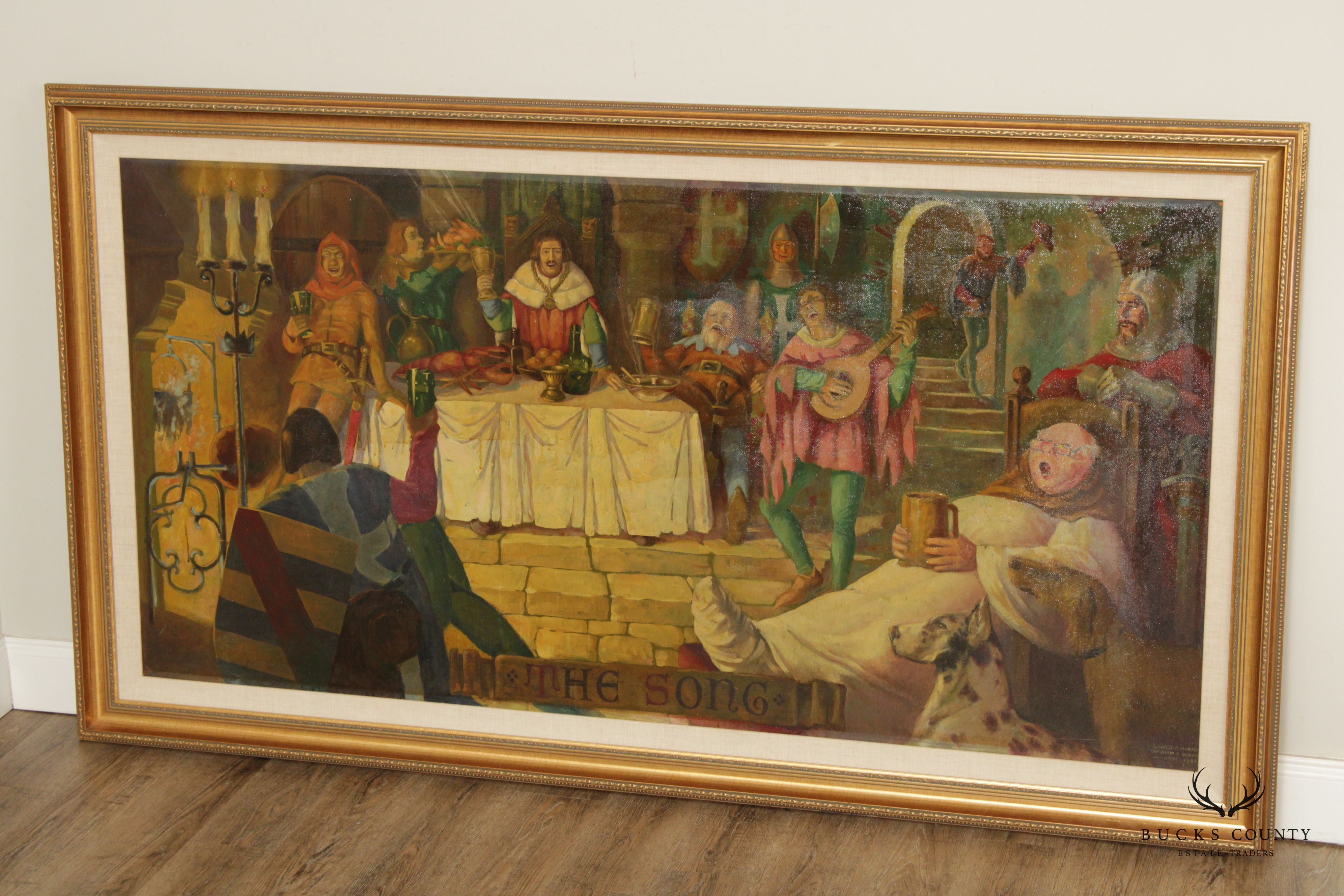 Early 20th C. Medieval Banquet 'The Song' Monumental Original Painting